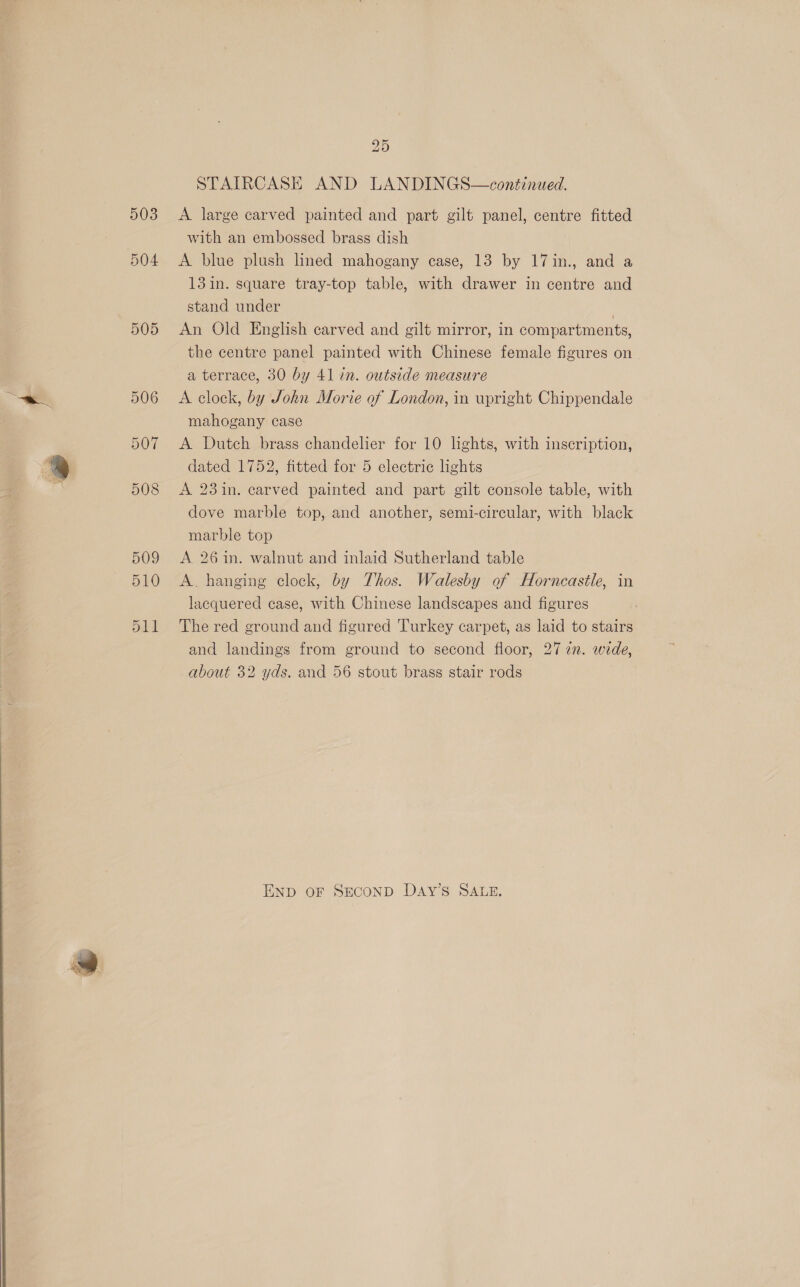  503 504 505 25 STAIRCASE AND LANDINGS—continued. A large carved painted and part gilt panel, centre fitted with an embossed brass dish A blue plush lined mahogany case, 13 by 17in., and a 13 in. square tray-top table, with drawer in centre and stand under , An Old English carved and gilt mirror, in compartments, the centre panel painted with Chinese female figures on a terrace, 30 by 41 in. outside measure A clock, by John Morie of London, in upright Chippendale A Dutch brass chandelier for 10 lights, with inscription, A 23in. carved painted and part gilt console table, with dove marble top, and another, semi-circular, with black marble top A 26 in. walnut and inlaid Sutherland table A. hanging clock, by Thos. Walesby of Horncastle, in lacquered case, with Chinese landscapes and figures The red ground and figured Turkey carpet, as laid to stairs and landings from ground to second floor, 27 7n. wide, about 32 yds. and 56 stout brass stair rods END OF SECOND DAvY’s SALE.