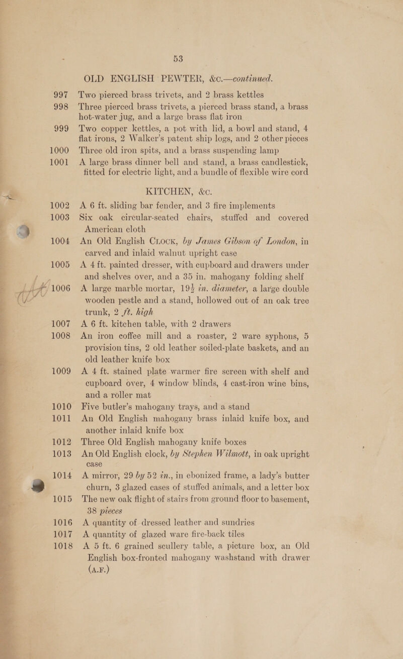 1009 1010 1011 1012 1013 1014 1015 1016 1017 1018 dS OLD ENGLISH PEWTER, &amp;c.—continued. Two pierced brass trivets, and 2 brass kettles Three pierced brass trivets, a pierced brass stand, a brass hot-water jug, and a large brass flat iron - Two copper kettles, a pot with lid, a bowl and stand, 4 flat irons, 2 Walker’s patent ship logs, and 2 other pieces Three old iron spits, and a brass suspending lamp A large brass dinner bell and stand, a brass candlestick, fitted for electric light, and a bundle of flexible wire cord KITCHEN, &amp;c. A 6 ft. sliding bar fender, and 3 fire implements Six oak circular-seated chairs, stuffed and covered American cloth An Old English Chock, by James Gibson of London, in carved and inlaid walnut upright case A 4 ft. painted dresser, with cupboard and drawers under and shelves over, and a 35 in. mahogany folding shelf A large marble mortar, 194 7m. diameter, a large double wooden pestle and a stand, hollowed out of an oak tree trunk, 2 ft. high A 6 ft. kitchen table, with 2 drawers An iron coffee mill and a roaster, 2 ware syphons, 5 provision tins, 2 old leather soiled-plate baskets, and an old leather knife box A 4 ft. stained plate warmer fire screen with shelf and cupboard over, 4 window blinds, 4 cast-iron wine bins, and a roller mat Five butler’s mahogany trays, and a stand An Old English mahogany brass inlaid knife box, and another inlaid knife box Three Old English mahogany knife boxes An Old English clock, by Stephen Wilmott, in oak upright case A mirror, 29 by 52 in., in ebonized frame, a lady’s butter churn, 3 glazed cases of stuffed animals, and a letter box The new oak flight of stairs from ground floor to basement, 38 pieces A quantity of dressed leather and sundries A quantity of glazed ware fire-back tiles A 5 ft. 6 grained scullery table, a picture box, an Old English box-fronted mahogany washstand with drawer (A.F.)