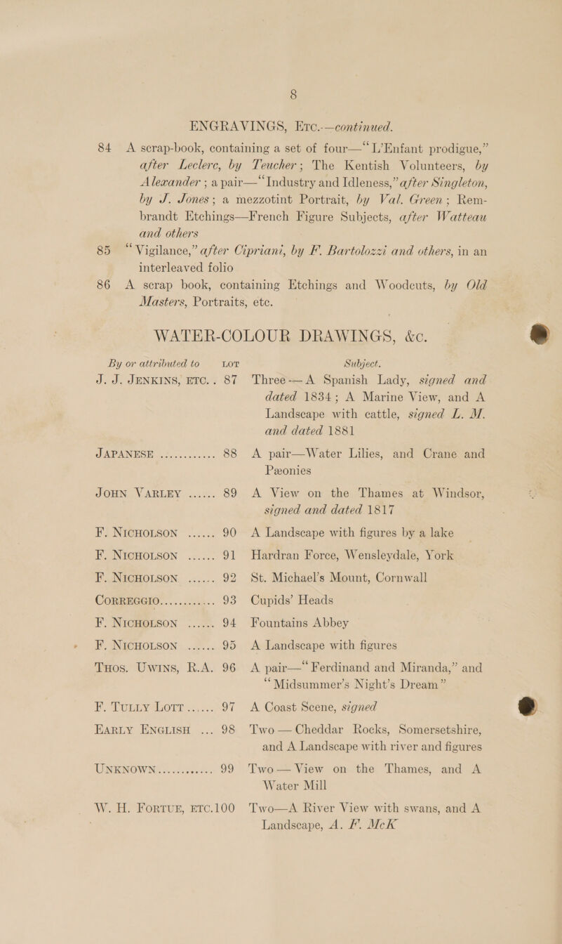 84 and others 85 interleaved folio By or attributed to J. J. JENKINS, ETC.. 87 LOT UAAINTISI 1, ©. s. oss ccs 88 JOHN: VARLEY. 2.228. 89 Fi Ni@nonsON .'..... 90 FE NIGHOLSON «2.2. 9] F. NicHOLSON. ...... 92 COBREGGIO......... eee se: EF: NIGHOESON &gt;... 94 : INGEHOLSON © ae 95 Tuos. Uwins, R.A. 96 POP UnGy abort 12)... 97 EARLY ENGLISH ... 98 ICUIRGSONW NEE oo. aia indies 99 _ W.H. FortTvus, ETc.100 Subject. Three-— A Spanish Lady, segned and dated 1834; A Marine View, and A Landscape with cattle, signed L. M. and dated 1881 A pair—Water Lilies, and Crane and Peonies A View on the Thames at Windsor, signed and dated 1817 A Landscape with figures by a lake Hardran Force, Wensleydale, York St. Michael’s Mount, Cornwall Cupids’ Heads Fountains Abbey A Landscape with figures A pair—* Ferdinand and Miranda,” and ‘““Midsummer’s Night’s Dream” A Coast Scene, szgned Two — Cheddar Rocks, Somersetshire, and A. Landscape with river and figures Two— View on the Thames, and A Water Mill Two—A River View with swans, and A Landscape, A. A. Mck