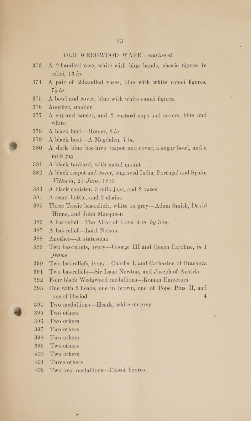 313 374 20 OLD WEDGWOOD WARE—continued. A 2-handled vase, white with blue bands, classic figures in relief, 13 2. A pair of 2-handled vases, blue with white camei figures, Th in. A bowl and cover, blue with white camei figures Another, smaller A cupand saucer, and 2 custard cups and covers, blue and © white A black bust—Homer, 8 77. A black bust—A Magdalen, 7 zz. A dark blue bee-hive teapot and cover, a sugar bowl, and a milk jug A black tankard, with metal mount A black teapot and cover, engraved India, Portugal and Spain, Vittoria, 21 Sune, 1813 A black canister, 3 milk jugs, and 2 vases A scent bottle, and 2 chains Three Tassie bas-reliefs, white on grey-—Adam Smith, David Hume, and John Macqueen A bas-relief—The Altar of Love, 42. by 3%n. A bas-relief—Lord Nelson Another—A statesman Two bas-reliefs, ivory—George III and Queen Caroline, 7 1 Srame Two bas-reliefs, ivory—Charles I, and Catharine of Braganza Two bas-reliefs—Sir Isaac Newton, and Joseph of Austria Four black Wedgwood medallions—-Roman Emperors One with 2 heads, one in brown, one of Pope Pius IJ, and one of Hesiod 4 Two medallions—Heads, white on grey Two others Two others Two others Two others Two others ‘T'wo others Three others Two oval medallions—-Classic figures