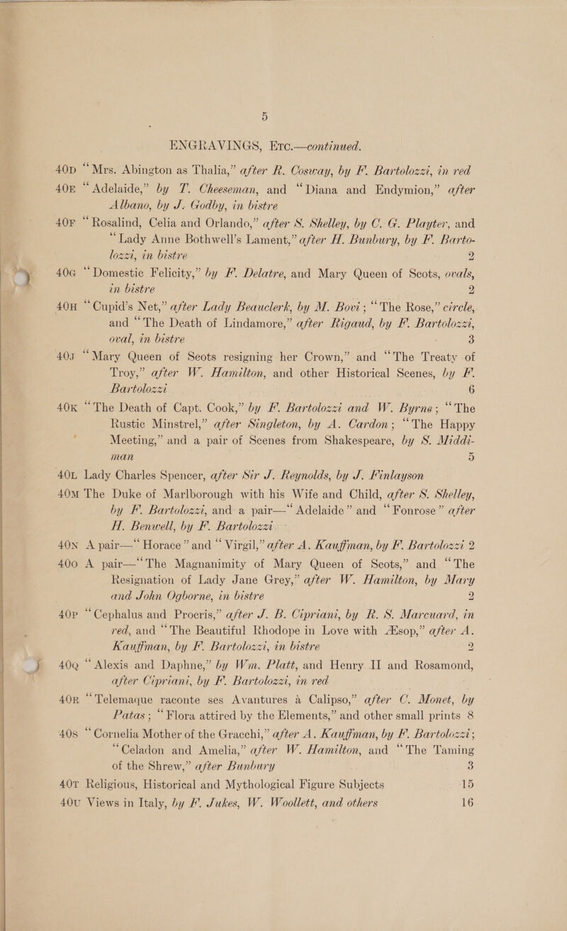     ENGRAVINGS, Erc.—continued. 40D (1a Abington as Thalia,” after R. Cosway, by F. Bartolozzi, in red 40B “ Adelaide,” by T. Cheeseman, and “Diana and Endymion,” a/ter Albano, by J. Godby, in bistre 40F “Rosalind, Celia and Orlando,” after S. Shelley, by C. G. Playter, and “Lady Anne Bothwell’s Lament,” after H. Bunbury, by F. Barto- loza, in bistre : 2 40 “Domestic Felicity,” by F. Delatre, and Mary Queen of Scots, ovals, in bistre 2 40H ‘ Cupid’s Net, after Lady Beauclerk, by M. Bow; “The Rose,” c2rcle, and “The Death of Lindamore, ” after Rigel by EF. Bartolozz, oval, in bistre 3 405 “Mary Queen of Scots resigning her Crown,” and “The Treaty of Troy,” after W. Hamilton, and other Historical Scenes, by F’. Bartolozzi | | 6 40K “The Death of Capt. Cook,” by F. Bartolozzi and W. Byrne; “The Rustic Minstrel,” after Singleton, by A. Cardon; “The Happy ; Meeting,” and a pair of Scenes from Shakespeare, by S. Middi- man D 401 Lady Charles Spencer, after Sir J. Reynolds, by J. Finlayson 40M The Duke of Marlborough with his Wite and Child, after S. Shelley, by F. Bartolozzi, and a pair—* Adelaide” and “ Fonrose” after H. Benwell, by F. Bartolozzi. 40N A pair— Horace” and “ Virgil,” after A. Kauffman, by F. Bar ee 400 A pair—“The Magnanimity of Mary Queen of Scots,” and “The Resignation of Lady Jane Grey,” after W. Hamilton, by Mary and John Ogborne, in bistre 2 40p “Cephalus and Procris,” after J. B. Cipriani, by R. S. Marcuard, in red, and “The Beautiful Rhodope in Love with A®sop,” after A. Kaufiman, by F. Bartolozzi, in bistre 2 40q “Alexis and Daphne,” by Wm. Platt, and Henry II and Rosamond, after Cipriani, by F. Bartolozzi, in red 40r “Telemaque raconte ses Avantures 4a Calipso,” after C6. Monet, by Patas ; “Flora attired by the Elements,” and other small prints 8 AQT “Celadon and Amelia,” after W. Hamilton, and “The Taming of the Shrew,” after Bunbury 3 Religious, Historical and Mythological Figure Hetssts 15