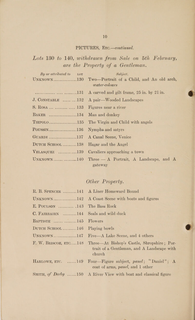  10 TENRINOW.N acct losaiccsces 130 J. CONSTABLE 4.2.1... 132 PS Ue Niet enue ane 133 LS NEES ae eee 134 PP UEPORO ccnb&gt; cal aan 135 POUSIIN Sic. hi 3 exciaeones 136 CHEAT Sas oe ees ron DUTCH SCHOOL 502... 138 WV SUASOURZ suisse. 139 WINKNOWN oj coos 00k doc 140 Ts: SPENCER. i006. 141 WNEINOW IN fayic cs Vin sees: 142 eR OWNSON Sooiiicsstece 143 CFATIRBATRN. 2.5, ... 0: 144 Py APES Bs ghee he cette 145 DPICH SCHOOL;:..:-.-- 146 WOINKGNOWAN 60. osc. lane. 147 F. W. BRISCOE, ETC. ...148 HARLOWE,. BTC. 456.0 149 SmiTH, of Derby ...... 150 Two—Portrait of a Child, and An old arch, water-colowurs A pair—W ooded Landscapes | Figures near a river Man and donkey The Virgin and Child with angels Nymphs and satyrs A Canal Scene, Venice Hagar and the Angel Cavaliers approaching a town Three — A Portrait, A Landscape, and A gateway Other Property. A Liner Homeward Bound A Coast Scene with boats and figures The Bass Rock Seals and wild duck Flowers  Playing bowls Five—A Lake Scene, and 4 others Three—At Bishop’s Castle, Shropshire ; Por- trait of a Gentleman, and A Landscape with church Four—Figure subject, panel; “Daniel”; A coat of arms, panel, and 1 other A River View with boat and classical figure