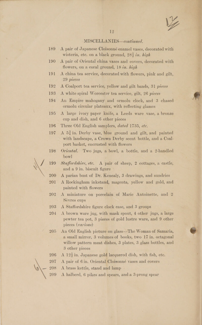 189 190 ie 199 12 MISCELLANIES—continued. A pair of Japanese Cloisonné enamel vases, decorated with wisteria, ete. on a black ground, 284 cn. high A pair of Oriental china vases and covers, decorated with flowers, on a coral ground, 18 7n. high A china tea service, decorated with flowers, pink and gilt, 29 pieces . A Coalport tea service, yellow and gilt bands, 31 pieces A white spiral Worcester tea service, gilt, 26 pzeces An Empire mahogany and ormolu clock, and 3 chased ormolu circular plateaux, with reflecting glasses A large ivory paper knife, a Leeds ware vase, a bronze cup and dish, and 6 other pieces Three Old English samplers, dated 1735, etc. A 5#in. Derby vase, blue ground and gilt, and painted with landscape, a Crown Derby scent bottle, and a Coal- port basket, encrusted with flowers Oriental. Two jugs, a bowl, a bottle, and a 2-handled bowl Staffordshire, etc. A pair of sheep, 2 cottages, a castle, and a 9 in. biscuit figure A parian bust of Dr. Kenealy, 3 drawings, and sundries A Rockingham inkstand, magenta, yellow and gold, and painted with flowers A miniature on porcelain of Marie Antoinette, and 2 Sevres cups A Staffordshire figure clock case, and 3 groups A brown ware jug, with mask spout, 4 other jugs, a large pewter tea pot, 3 pieces of gold lustre ware, and 9 other pieces (vaz vous) An Old English picture on glass—-The Woman of Samaria, a small mirror, 3 volumes of books, two 17 in. octagonal willow pattern meat dishes, 3 plates, 3 glass bottles, and 3 other pieces A 124in. Japanese gold lacquered dish, with fish, ete. A pair of 6in. Oriental Cloisonné vases and covers A brass kettle, stand and lamp A halberd, 6 pikes and spears, and a 3-prong spear  