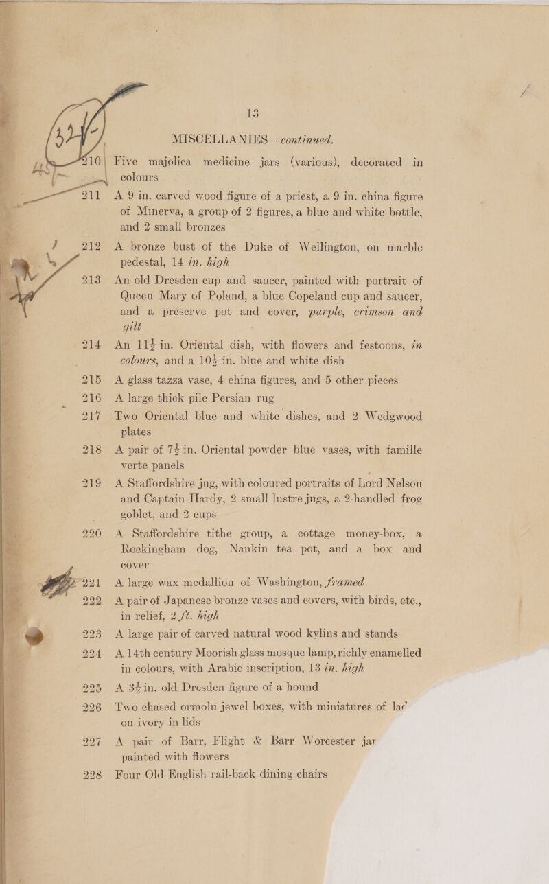  rt re A FSP Five majolica medicine jars (various), decorated in _ colours | ae A 9 in. carved wood figure of a priest, a 9 in. china figure of Minerva, a group of 2 figures, a blue and white: bottle, and 2 small bronzes iy A bronze bust of the Duke of Wellington, on marble pedestal, 14 in. high An old Dresden cup and saucer, painted with portrait of @ueen Mary of Poland, a blue Copeland cup and saucer, and a preserve pot and cover, purple, crimson and gult An 114 in. Oriental dish, with flowers and festoons, iz colours, and a 104 in. blue and white dish A glass tazza vase, 4 china figures, and 5 other pieces A large thick pile Persian rug Two Oriental blue and white dishes, and 2 Wedgwood plates | A pair of 74 in. Oriental powder blue vases, with famille verte panels ; A Staffordshire jug, with coloured portraits of Lord Nelson and Captain Hardy, 2 small lustre jugs, a 2-handled frog goblet, and 2 cups A Staffordshire tithe group, a cottage money-box, a Rockingham dog, Nankin tea pot, and a box and cover A large wax medallion of Washington, framed A pair of Japanese bronze vases and covers, with birds, etc., in relief, 2 f¢. high A large pair of carved natural wood kylins and stands A 14th century Moorish glass mosque lamp, richly enamelled in colours, with Arabic inscription, 13 2n. high A 3zin. old Dresden figure of a hound Two chased ormolu jewel boxes, with miniatures of lac on ivory in lids A pair of Barr, F light &amp; Barr Worcester jar painted with flowers Four Old English rail-back dining chairs