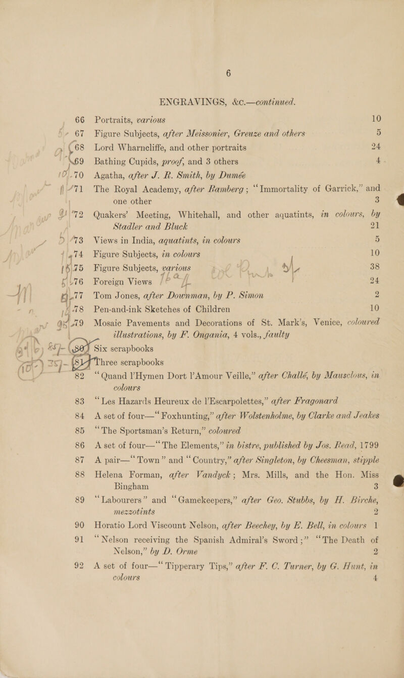 83 84 85 86 87 88 89 90 my ENGRAVINGS, &amp;c.—continued. Portraits, various 10 Figure Subjects, after Metssonier, Greuze and others 5 Lord Wharncliffe, and other portraits 24 Bathing Cupids, proof, and 3 others 4 Agatha, after J. R. Smith, by Dumée The Royal Academy, after Ramberg ; ‘Immortality of Garrick,” and one other 3 Quakers’ Meeting, Whitehall, and other aquatints, in colours, by Stadler and Bluck 24 Views in India, aquatints, in colours 5) Figure Subjects, 72 colours 10 Figure Subjects, varzows ¢ | sa 38 Foreign Views / © me, 8 : Kohat ee 24 Tom Jones, after Downman, by P. Simon 2 Pen-and-ink Sketches of Children 10 Mosaic Pavements and Decorations of St. Mark’s, Venice, coloured illustrations, by F. Ongania, 4 vols., faulty hree scrapbooks “Quand ’Hymen Dort l’Amour Veille,” after Challé, by Mausclous, in colours “Les Hazards Heureux de l’Escarpolettes,” after Fragonard A set of four— Foxhunting,” after Wolstenholme, by Clarke and Jeakes ‘The Sportsman’s Return,” coloured A set of four—* The Elements,” in bistre, published by Jos. Read, 1799 A pair—‘‘ Town” and “ Country,” after Singleton, by Cheesman, stipple Helena Forman, after Vandyck; Mrs. Mills, and the Hon. Miss Bingham a “Labourers” and “‘Gamekeepers,” after Geo. Stubbs, by H. Birche, mezzotints 2 Horatio Lord Viscount Nelson, after Beechey, by E. Bell, in colours 1 “Nelson receiving the Spanish Admiral’s Sword ;” ‘‘The Death of Nelson,” by D. Orme 2 A set of four—‘ Tipperary Tips,” after F. C. Turner, by G. Hunt, in colours 4  
