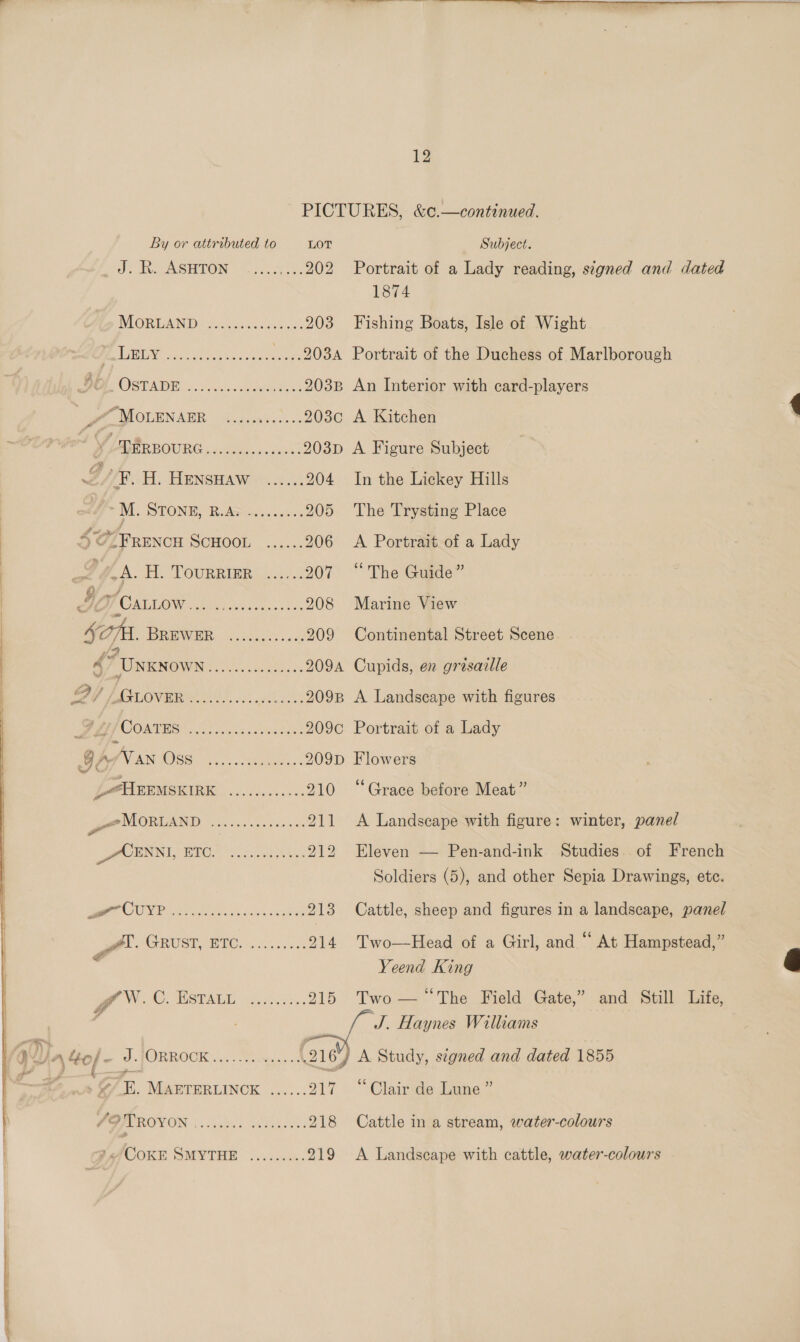  12 PICTURES, &amp;¢.—continued. By or attributed to LOT Subject. _J.R. ASHTON _........202 Portrait of a Lady reading, signed and dated 1874 VIORIANIDS S.cecae Fach 203 Fishing Boats, Isle of Wight dB Spey Mies Wek ee eS 203A Portrait of the Duchess of Marlborough OSA: Shoe ett meres 203B An Interior with card-players ie MOLENABR: s2-a.08, 203c A Kitchen ed MUR POURG : ste e.ceek: 203p A Figure Subject I/8. H. HEnsHaw ...... 204 In the Lickey Hills | M. STONE) R.A cash s eies 205 The Trysting Place $2 FRENCH SCHOOL. ic... 206 <A Portrait of a Lady ; G7.A. H. TourRImR ...... 207 “The Guide” | i) Y Caiow... ANT Soe sien 208 Marine View KOT. TBR MWMIR <1. crdsic a's se a 209 Continental Street Scene 4 Uxxwowy eRe eee 209A Cupids, en grasarlle 4 / GLOVER Lesscscscceesess.209B A Landseape with figures 3 GL OCINIEN SRN: Eso ae ese: 209c Portrait of a Lady GAN AN Ce 2 209D Flowers _HEEMSKIRK SSA eae 210 “Grace before Meat” pe MORLAND Re Sei ae 211 <A Landscape with figure: winter, panel _UENNI, ee a eke 212 Eleven — Pen-and-ink Studies. of French Soldiers (5), and other Sepia Drawings, ete. aU Gt ry Wee ken A 213 Cattle, sheep and figures in a landscape, panel See MO RUT, BTC. . 6.55 558 914 Two —Head of a Girl, and “ At Hampstead,” = Yeend King y Ae OC ESTAL sats: 915° Two The Field Gate,” and Sill) Tate. | / J. Haynes Williams Qn 4o/ oe eh AOR ROOKix7 | pees sac: 216 A Study, stgned and dated 1855 He G “E. Manrertinck ...... 217 “Clair de Lane ” er eee ee ee ee oeee  4/2 TROYON »«’COKE SMYTHE  218 Cattle in a stream, water-colours 219 <A Landscape with cattle, water-colours 