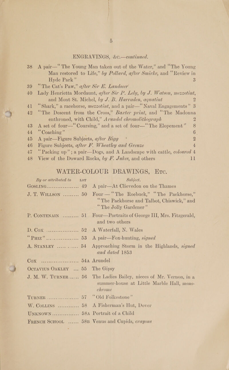 38 Or A pair— The Young Man taken out of the Water,” and “The Young Man restored to Life,” by Pollard, after Smirke, and “Review in Hyde Park” 3 “The Cat’s Paw,” after Sir HE. Landseer’ Lady Henrietta Mordaunt, after Sir P. Lely, by J. Watson, mezzotint, and Mont St. Michel, by J. B. Harraden, aquatint 2 “Shark,” a racehorse, mezzotint, and a pair— Naval Engagements” 3 “The Descent from the Cross,” Baater print, and “The Madonna enthroned, with Child,” Arundel chromolithograph y) 43 &lt;A set of four—‘Coursing,” and a set of four—‘‘The Elopement” 8 44 “Coaching” 6. 45 &lt;A pair—Figure Subjects, after Bigg ys 46 Figure Subjects, after L. Wheatley and Greuze 4 47 “Packing up”; a pair—Dogs, and A Landscape with cattle, coloured 4 48 View of the Doward Rocks, by / Jukes, and others 11 WATER-COLOUR DRAWINGS, Ec. By or attributed to LOT Subject. GOCEING - 0 tice co cesses cee 49 &lt;A pair—At Clievedon on the Thames te WWALALSON Vaiec os os 50 Four—“The Roebuck,” “The Packhorse,” “The Packhorse and Talbot, Chiswick,” and “The Jolly Gardener” Pp OCONTEN ADN. 9 5.0/8 Sok 51 Four—Portraits of George III, Mrs. Fitzgerald, and two others UE Ue ne heen rere 52 A Waterfall, N. Wales “ODT a ee eee 53 A pair—Fox-huunting, signed PEO TANISEY. 50s _.... 54 Approaching Storm in the Highlands, s¢gned and dated 1853 OG I Secs os sav w.a, 04 Arundel OcTAvius OAKLEY ... 55 The Gipsy summer-house at Little Marble Hall, mono- chrome BUEN eo, Faces oe rates ns 57 “Old Folkestone” Re COLLANG) 25k. iede 3 58 &lt;A Fisherman’s Hut, Dover WIMENOW IN Gag jie et Fea 58A Portrait of a Child