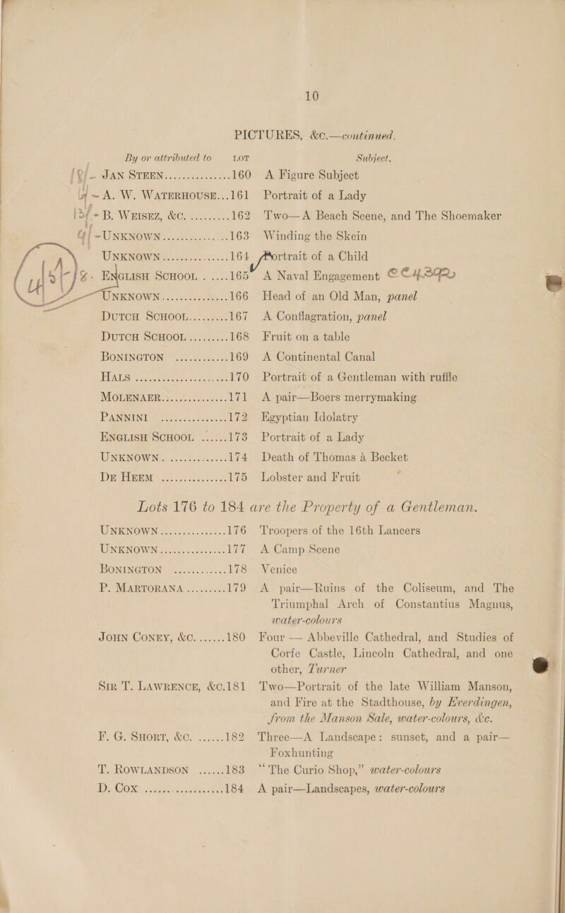 10 PICTURES, &amp;¢.—continued.    By or attributed to LOT Subject. (Q/— JAN STHEN............04. 160 A Figure Subject l ~ A. W. WATERHOUSE...161 Portrait of a Lady |2/- IB. WW BISEZ, WO) eco esc: 162 Two—A Beach Scene, and The Shoemaker € | = UNICO WN eet. oe 163 Winding the Skein Beith. ee 164 rtrait of a Child ’ | 'Y. ENcuis ScHoon . ....165 A Naval Engagement © ©4992 stad Oe PUNK NOW ING... 000s SRS. 166 Head of an Old Man, panel “an DUICH SCHOOL. .J..55. 167 &lt;A Conflagration, panel IPUTOH, SCHOOLS.) Rie. 168 Fruit on a table ONENGTON. 2k Ma ice 169 A Continental Canal TOTS ener, Bet ire kr eee 170 Portrait of a Gentleman with ruffle MOLENABR.S..5460ss.00a. 171 &lt;A pair—Boers merrymaking PATIO 8 tiaka&lt; sacs kon 172. Egyptian Idolatry ENGLISH SCHOOL ......173 Portrait of a Lady UNENOWN 25.04 ales 174 Death of Thomas a Becket DEP M Sct 85 care 175 Lobster and Fruit Lots 176 to 184 are the Property of a Gentleman. TONIRINOMIN Food dos 176 Troopers of the 16th Lancers TNWKNOWIN oo) 62 eedueeta: 177 A Camp Scene BONUMETON) “i560 c.0+ 178 Venice PO MARTORANA 2. cusses 179 -A pair—Ruins of the Coliseum, and The Triumphal Arch of Constantius Magnus, water-colours JOHN CONEY, &amp;C....... 180 Four — Abbeville Cathedral, and Studies of Corfe Castle, Lincoln Cathedral, and one other, Turner e Sir T. LAWRENCE, &amp;C.181 Two—Portrait of the late William Manson, and Fire at the Stadthouse, by Hverdingen, Srom the Manson Sale, water-colours, &amp;c. W. Go SrorT, WC. 20.25. 182 Three—A Landscape: sunset, and a pair— Foxhunting 7 T. ROWLANDSON ...... 183 “The Curio Shop,” water-colours WoO. eee ais es es 184 &lt;A pair—Landscapes, water-colours
