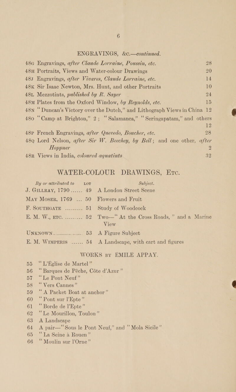 48G Engravings, after Claude Lorraine, Poussin, etc. 28 48H Portraits, Views and Water-colour Drawings 20 483 Engravings, after Vivares, Claude Lorraine, etc. 14 48K Sir Isaac Newton, Mrs. Hunt, and other Portraits 10 48 Mezzotints, published by R. Sayer | 24 48m Plates from the Oxford Window, by Reynolds, ete. 15 48n “Duncan’s Victory over the Dutch,” and Lithograph Views in China 12 480 “Camp at Brighton,” 2; “Salamanca,” “ Seringapatam,” and others 12 48p French Engravings, after Quevedo, Boucher, ete. 28 48Q Lord Nelson, after Sir W. Beechey, by Beil; and one other, after Hoppner 2 48R Views in India, coloured aquatints 32 WATER-COLOUR DRAWINGS, Etc. By or attributed to LOT Subject. J-GILERA PhOO ce: 49 A London Street Scene May Mossmr, 1769 ... 50 Flowers and Fruit EF SOUTHGATE .... :2a05 51 Study of Woodcock ee. Wi BiG. oa. 52 Two— At the Cross Roads, ” anda Marine View TENEINOMINES 2 25 5s 53 &lt;A Figure Subject EK. M. WIMPERIS ...... 54 &lt;A Landscape, with cart and figures WORKS sy EMILE APPAY. 55 “L’Eglise de Martel” 56 “Barques de Péche, Cote d’Azur” 57 “Lie Pont Neuf” 58 “Vers Cannes” 59 “A Packet Boat at anchor” 60 “Pont sur l’Epte ” 61 “Borde de l’Epte ” 62 “Le Mourillon, Toulon” 63 &lt;A Landscape 64 &lt;A pair—* Sous le Pont Neuf,” and “Mola Sicile ” 65 “La Seine &amp; Rouen” 66 “Moulin sur Orne”