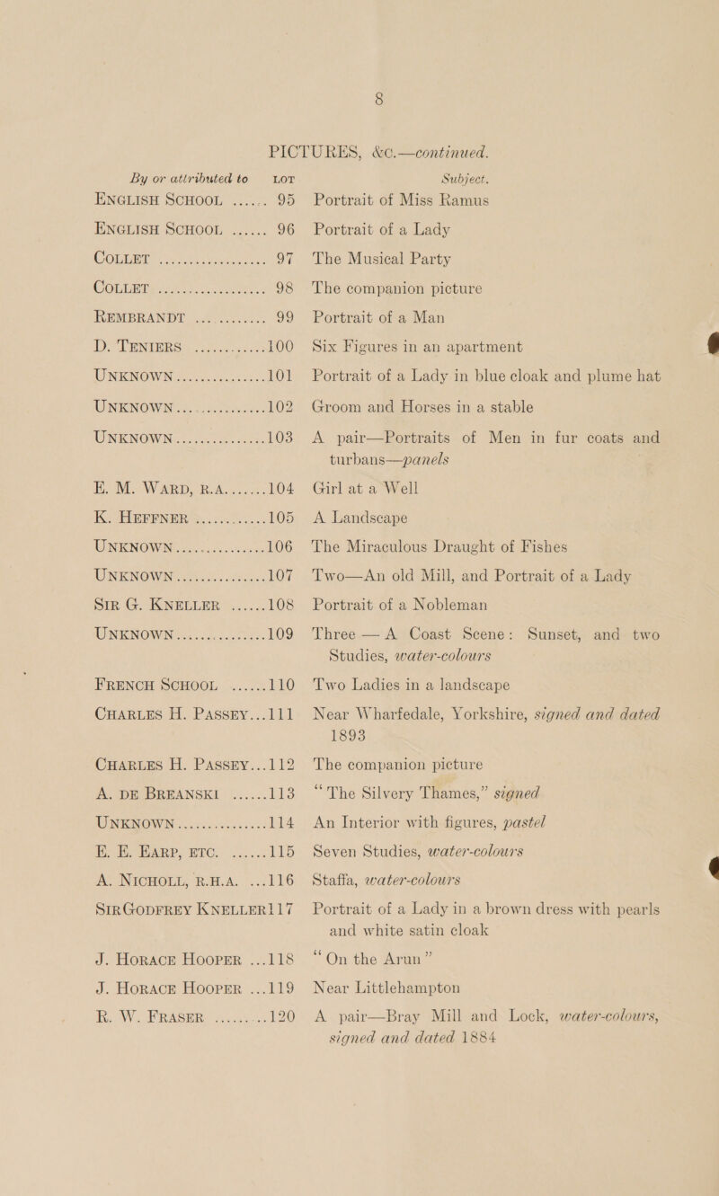 ENGLISH SCHOOL ...... 95 ENGLISH SCHOOL ...... 96 8.6) Sie MR ie RU ete 97 COLUM ei 85 40.5 eens 98 REMBRANDE occ 99 DOT ENE Sh (eh 8 100 LEINKINOIWIN Bete sees oa: 101 TEINKANOIWIN -&amp; cagag eee 102 WINK NOW &lt; o).c ae oes. 103 BMW WR, BR: Aso 3 104 TK SET es dou he noon 105 UNKNOWN eles. once 106 WINKNOWIN’ ctadhs fh 4 107 SIF G. IGNELLER ®....4 108 WIN KNOWN ceo... 109 FRENCH SCHOOL ...... 110 CHARLES H. Passgry...111 CHARLES H. Passry...112 A. DE BREANSKEL ...... 118 UNIGRIOWN 5.cc20ee.e sees 114 i, Eh. ARP. EEC. os... 115 AC ONTCHOLL: RoH.A. GLP SIRGODFREY KNELLER! 17 J. Horace Hooper ...118 J. HorAcE Hooper ...119 Fe OW. RAGIR lek 120 Portrait of Miss Ramus Portrait of a Lady The Musical Party The companion picture Portrait of a Man Six Figures in an apartment Portrait of a Lady in blue cloak and plume hat Groom and Horses in a stable A pair—Portraits of Men in fur coats and turbans—panels Girl at a Well A Landscape The Miraculous Draught of Fishes Two—An old Mill, and Portrait of a Lady Portrait of a Nobleman Three — A Coast Scene: Studies, water-colours Sunset, and two Two Ladies in a landscape Near Wharfedale, Yorkshire, signed and dated 1893 The companion picture “The Silvery Thames,” signed An Interior with figures, pastel Seven Studies, water-colours Staffa, water-colours Portrait of a Lady in a brown dress with pearls and white satin cloak “On the Arun” Near Littlehampton A pair—Bray Mill and Lock, water-colowrs, signed and dated 1884