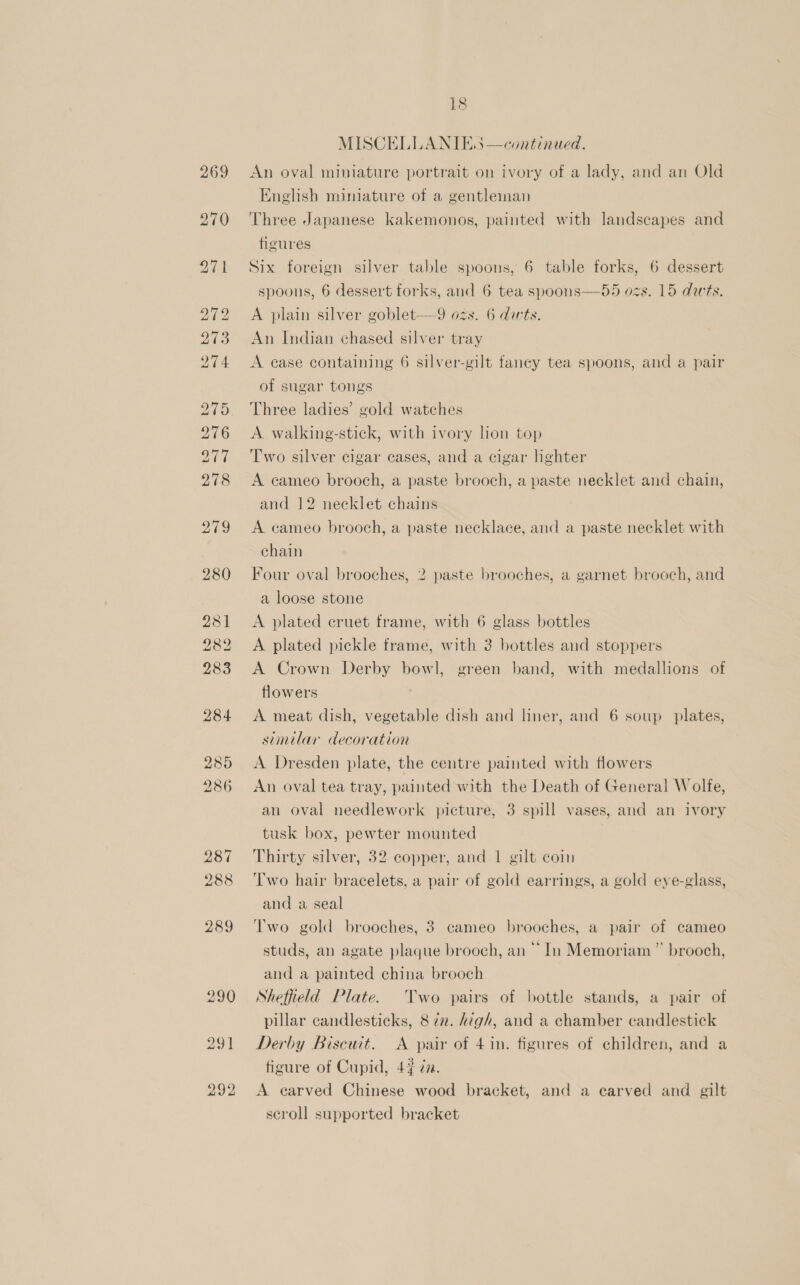MISCELLANIE,3 —continued. An oval miniature portrait on ivory of a lady, and an Old English mimature of a gentleman Three Japanese kakemonos, painted with landscapes and figures Six foreign silver table spoons, 6 table forks, 6 dessert spoons, 6 dessert forks, and 6 tea spoons—55 ozs. 15 duwts. A plain silver goblet—9 ozs. 6 dirts. An Indian chased silver tray A case containing 6 silver-gilt faney tea spoons, and a pair of sugar tongs Three ladies’ gold watches A walking-stick, with ivory lion top Two silver cigar cases, and a cigar hghter A cameo brooch, a paste brooch, a paste necklet and chain, and 12 necklet chains A cameo brooch, a paste necklace, and a paste necklet with chain Four oval brooches, 2 paste brooches, a garnet brooch, and a loose stone A plated cruet frame, with 6 glass bottles A plated pickle frame, with 3 bottles and stoppers A Crown Derby bowl, green band, with medallions of flowers A meat dish, vegetable dish and liner, and 6 soup plates, similar decoration A Dresden plate, the centre painted with flowers An oval tea tray, painted with the Death of General Wolfe, an oval needlework picture, 3 spill vases, and an ivory tusk box, pewter mounted Thirty silver, 32 copper, and 1 gilt coin Two hair bracelets, a pair of gold earrings, a gold eye-glass, and a seal Two gold brooches, 3 cameo brooches, a pair of cameo studs, an agate plaque brooch, an In Memoriam” brooch, and a painted china brooch Sheffield Plate. Two pairs of bottle stands, a pair of pillar candlesticks, 8 iz. high, and a chamber candlestick Derby Biscuit. A pair of 4 in. figures of children, and a figure of Cupid, 43 ¢2. A earved Chinese wood bracket, and a carved and gilt scroll supported bracket