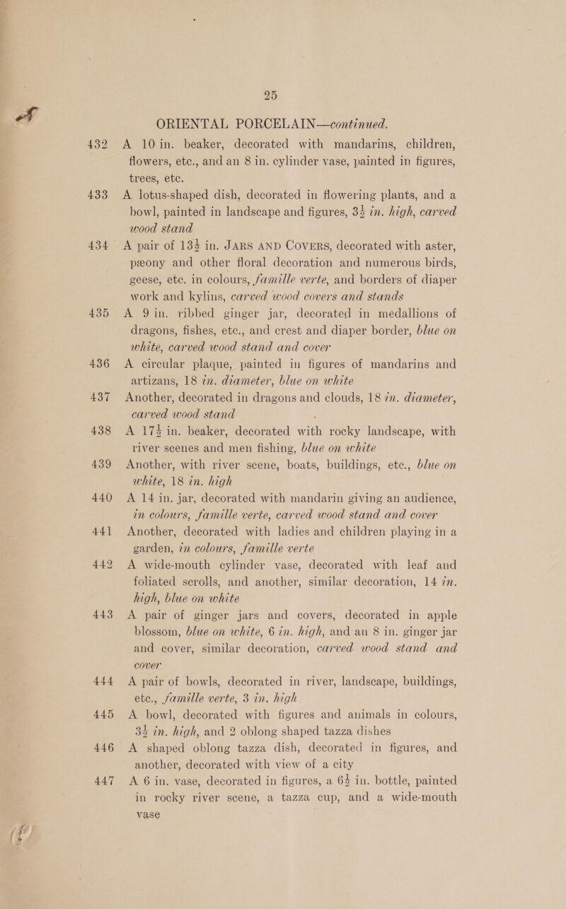 433 435 443 444 445 446 447 25 ORIENTAL PORCELAIN—continued. A 10in. beaker, decorated with mandarins, children, flowers, etc., and an 8 in. cylinder vase, painted in figures, trees, etc. A lotus-shaped dish, decorated in flowering plants, and a bowl, painted in landscape and figures, 34 in. high, carved wood stand A pair of 134 in. JARS AND Covers, decorated with aster, peony and other floral decoration and numerous birds, geese, etc. in colours, famille verte, and borders of diaper work and kylins, carved wood covers and stands A 9in. ribbed ginger jar, decorated in medallions of dragons, fishes, etc., and crest and diaper border, blue on white, carved wood stand and cover A circular plaque, painted in figures of mandarins and artizans, 18 in. diameter, blue on white Another, decorated in dragons and clouds, 18 7. diameter, carved wood stand A 174 in. beaker, decorated with rocky landscape, with river scenes and men fishing, blue on white Another, with river scene, boats, buildings, etc., blue on white, 18 in. high A 14 in. jar, decorated with mandarin giving an audience, in colours, famille verte, carved wood stand and cover Another, decorated with ladies and children playing in a garden, in colours, famille verte A wide-mouth cylinder vase, decorated with leaf and foliated scrolls, and another, similar decoration, 14 72. high, blue on white A pair of ginger jars and covers, decorated in apple blossom, blue on white, 6 in. high, and an 8 in. ginger jar and cover, similar decoration, carved wood stand and cover A pair of bowls, decorated in river, landscape, buildings, ete., famille verte, 3 in. high A bowl, decorated with figures and animals in colours, 34 in. high, and 2 oblong shaped tazza dishes A shaped oblong tazza dish, decorated in figures, and another, decorated with view of a city A 6 in. vase, decorated in figures, a 64 in. bottle, painted in rocky river scene, a tazza cup, and a wide-mouth vase