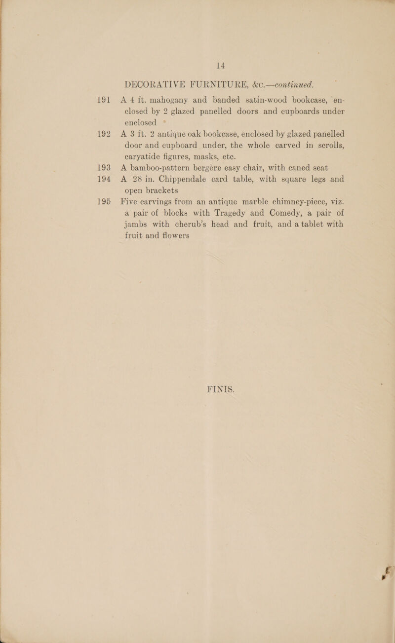   191 14 DECORATIVE FURNITURE, &amp;c.—continued. A 4 ft. mahogany and banded satin-wood bookcase, en- closed by 2 glazed panelled doors and cupboards under enclosed ° A 3 ft. 2 antique oak bookcase, enclosed by glazed panelled door and cupboard under, the whole carved in scrolls, caryatide figures, masks, etc. A bamboo-pattern bergére easy chair, with caned seat A 28 in. Chippendale card table, with square legs and open brackets Five carvings from an antique marble chimney-piece, viz. a pair of blocks with Tragedy and Comedy, a pair of jambs with cherub’s head and fruit, and a tablet with fruit and flowers FINIS.