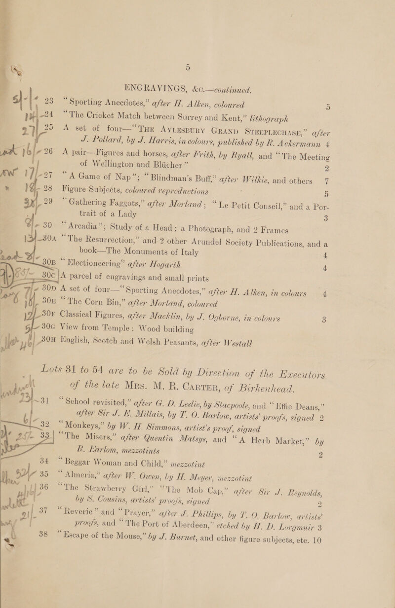 ~ oO ENGRAVINGS, &amp;c.—continued. 6) - | . 23 “ Sporting Anecdotes,” after H. Alken, coloured 5 pe “The Cricket Match between Surrey and Kent,” lithog ‘aph 9 7 25 A set of four—° Tur AYLESBURY GRAND STEEPLECHASE,’ after ‘@ J. Pollard, by J. Harris, in colour s, published by R. Ackermann 4 pak )b]- 26 A pair—Figures and horses, after Frith, by Ryall, and “The Meeting i} of Wellington ane Bliicher ” 2 AW } [97 “A Game of Nap”; “ Blindman’s Buff,” after W ilkie, and others 7 ¥ 1g. 28 Ps Subjects, coloured reproductions 5 |, 29 “ Gathering Faggots,” after Morland; “We Petit ee and a Por- ay! trait of a Lady 3 bir 30 “Arcadia”: ; Study of a Head; a Photograph, and 2 Frames 3304 “The ee ” and 2 other Arundel Society Publications, and a &gt; ad book—The Monuments of Italy 4 os 30B ° * Electioneering’ after Hogarth 4 1) a 30¢]A parcel of engravings and small prints ip 30D. : set of four—* Sporting Anecdotes,” after H. Alken, in colours 4, coat 10), 30 “The Corn Bin,” after Morland, coloured /30F Classical Figures, after Macklin, by J. Ogborne, in colours 3 ~30G View from Temple: Wood building 0H Hnglish, Scotch and Welsh Peasants, after Westall   Lots 31 to 54 are to be Sold by Direction of the Hxecutors of the late Mrs. M. R. CARTER, of Birkenhead. “School rey isited,” after G. D. Leslie, by Stacpoole, and ‘‘ Effie Deans,” afier Sir J. BH. Millais, by T. O. Barlow, artists’ proofs, signed 2 * Monkeys, ”* by W. H. Simmons, artist’s pr 00 signed ‘Phe Misers,” after Quentin Matsys, and “A Herb Market,” by f. Larlom, mezzotints 2 66 r . Beggar Woman and Child,” mezzotine ~ Almeria,” after W. Owen, by H. Meyer, mezzotint   * 4 1 1 1136 aa Ss et ares ee Nesey ob Epp Il i Dire | pie le Strawberry Girl,” “The Mob Cap,” after Sir J. Reynolds, } a by S. Cousins, ine proofs, signed 2 pee al 37 “Reverie” and ‘ ‘Prayer,’ ” after J. Phillips, by T. O. Barlow, artists’ 9 ii Ty aee| proofs, and “ The Port of Pcrdben ” etched by H. D. Lorgmuir 3 ye
