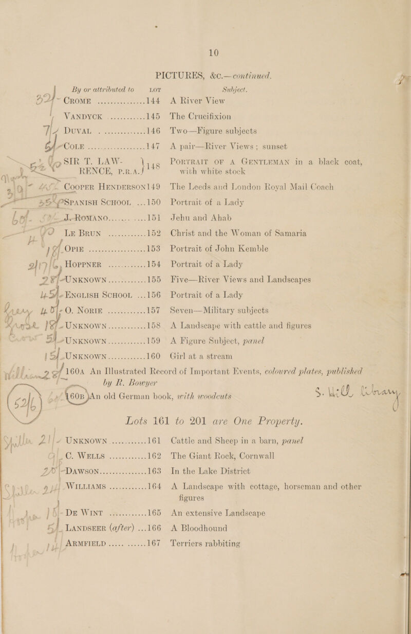 PICTURES, &amp;c.—continued. pe ie j By or attributed to LOT Subject. ee OORONE Hi eeceg ee 144 A River View Bo “Wea apa oso 145 The Crucifixion a DIMI ars os eet 146 'Two—Figure subjects g~COLE eh SR ro i 147 A pair—River Views; sunset ee ie SIR T. LAW- oe 4g PORTRAIT OF A GENTLEMAN in a black coat, wae GaX RENCE, P.R.A . with white stock 3 \\ bt sae . 2! Ri “ASS _CooPER HENDERSONI49 The Leeds and London Royal Mail Coach ties 35 PSpantsu ScHoon ...150 Portrait of a Lady re sepet es z bol: Vente TCOMANO....... +... 151 Jehu and Ahab 4 ¥ v PMA Oe eer cae 152 Christ and the Woman of Samaria a iff Ct Sane ante ay wee 153 Portrait of John Kemble ati} * OPP NOR: occ. Sones 154 Portrait of 2 Lady AM ITUSENOWN 22 2.5050.:. 155 Five—River Views and Landscapes lit Sh. ENGLISH SCHOOL ...156 Portrait of a Lady “at Le ap OPEN OPER ise ta es 157 Seven—Military subjects Kags : © et WUNENOWN .cccacks teen 158 &lt;A Landscape with cattle and figures Pp CnAre 34 PUN IGN OWN ons ccaces nce 159 A Figure Subject, panel 1 Sh. ONE NOWN el AG 160 Gnirl at a stream ees gf 1608 An Illustrated Record of Important Events, coloured plates, published cae = OY Ti Ot yor Fe * 60B }An old German book, with woodcuts 5+ be we —  Lots 161 to 201 are_One Property. Sul rf p. WEUNKNOWN. ..ceuthal.&lt; 161 Cattle and Sheep in a barn, panel P| } Bey SLUG 206.2 asl: 162 The Giant Rock, Cornwall 2 |-Dawson Pee re 163 In the Lake District eae AV ILLIAMS.3, 5.3832... 164 A Landscape with cottage, horseman and other 3 J ' ary figures dis } Bl-Dz WINT os... 165 An extensive Landscape 5 } LANDSEER (after) ...166 A Bloodhound pope EMRIs ce 167 ‘Terriers rabbiting 