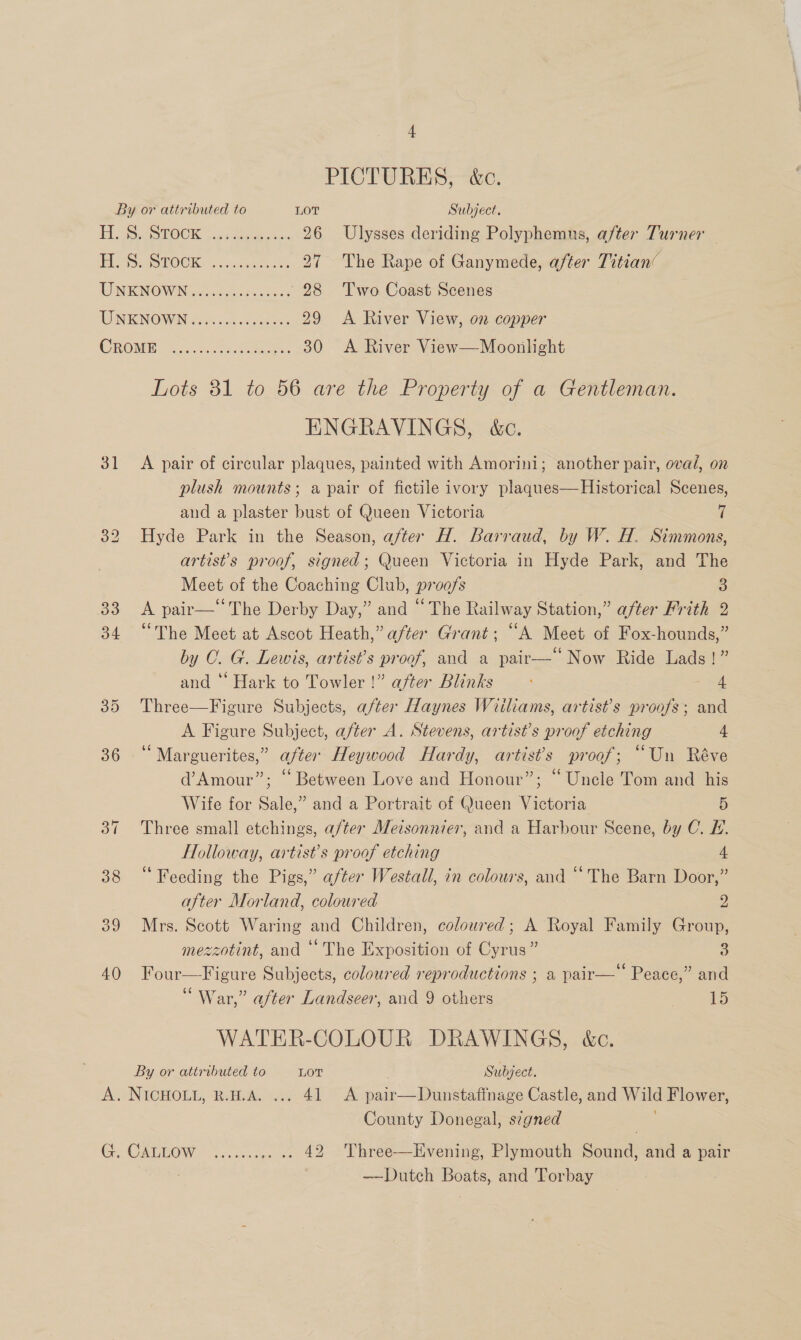 PICTURES, &amp;c. By or attributed to LOT Subject. MO hOCK sosaceeeaen 26 Ulysses deriding Polyphemns, after Turner — EL SiS LOCK 5 .ladese vce 27 The Rape of Ganymede, after Titian’ LN RNOWINGw at cce nonees 28 ‘Two Coast Scenes WINECNOWAN vee: ce.b en ees 29 A River View, on copper CROMMH one Smee! 30 A River View—Moonlight Lots 81 to 56 are the Property of a Gentleman. ENGRAVINGS, &amp;c. 31 A pair of circular plaques, painted with Amorini; another pair, oval, on plush mounts; a pair of fictile ivory plaques— Historical Scenes, and a plaster bust of Queen Victoria 7 32 Hyde Park in the Season, after H. Barraud, by W. H. Simmons, artist's proof, signed; Queen Victoria in Hyde Park, and The Meet of the Coaching Club, proofs 3 33. A pair—‘‘The Derby Day,” and “The Railway Station,” after Frith 2 34 “The Meet at Ascot Heath,” after Grant; “A Meet of Fox-hounds,” by C. G. Lewis, artist’s proof, and a pair—‘‘ Now Ride Lads!” and ‘“* Hark to Towler !” after Blinks ‘ 4 35 Three—Figure Subjects, a/ter Haynes Wiiliams, artist’s proofs; and A Figure Subject, after A. Stevens, artist’s proof etching 4 ¢ . ° ¢ 36“ Marguerites,” after Heywood Hardy, artists proof; “Un Réve £6 66 ° d’Amour”; — Between Love and Honour”; — Uncle Tom and his Wife for Sale,” and a Portrait of Queen Victoria 5 37 Three small etchings, a/ter Mezsonnier, and a Harbour Scene, by C. LH. Holloway, artist's proof etching 4 38 “Feeding the Pigs,” after Westall, in colours, and “The Barn Door,” after Morland, coloured 2 39 Mrs. Scott Waring and Children, coloured; A Royal Family Group, mezzotint, and ‘ The Exposition of Cyrus” 3 40 Four—Figure Subjects, coloured reproductions ; a pair—‘* Peace,” and “War,” after Landseer, and 9 others 15 WATER-COLOUR DRAWINGS, &amp;c. By or attributed to LOT Subject. A. NICHOLL, R.H.A. .... 41 A pair—Dunstaffnage Castle, and Wild Flower, County Donegal, s¢gned Gy CALHOW =~ fe. aheoee ue 42 Three—Evening, Plymouth Sound, and a pair —Dutch Boats, and Torbay