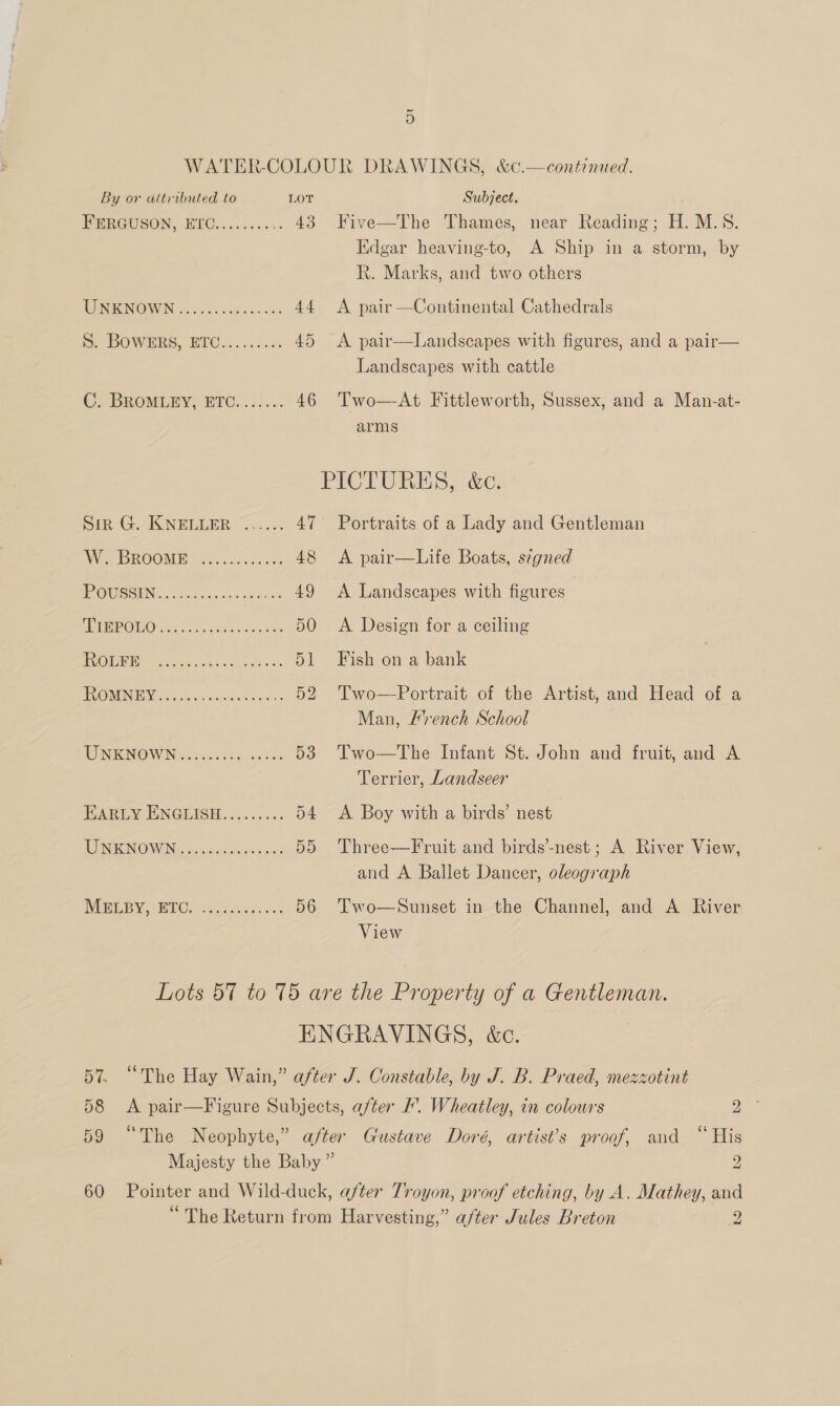 FERGUSON, BTC........<. 43 WINNGOWINGs sek. «he scnes 44 e BOWERS, BIO 6. c.e 45 C. BROMLEY, ETC....... 46 DERG. KONBGE@R x... 47 Wee DROOME ! onausvavee. 48 PO USEING; sc ss eestayen 49 METRE QUOTAS) a5 sides vsckee 50 CORR = ok oon ct tule ws’ 51 UONEN Eno es Coctee cates 52 WINKNOW Noone. 0a Sen 53 HAR LWUNGLISH......45- 54 WPNGRN OWING scones was 55 WEBEBY <BICs a. hoccee eed 56 Five—The Thames, near Reading; H. M.S. Edgar heaving-to, A Ship in a storm, by kh. Marks, and two others A pair —Continental Cathedrals A pair—Landscapes with figures, and a pair— Landscapes with cattle Two—At Fittleworth, Sussex, and a Man-at- arms Portraits of a Lady and Gentleman A pair—Life Boats, s7gned A Landscapes with figures | A Design for a ceiling Fish on a bank Two—Portrait of the Artist, and Head of a Man, /rench School Two—The Infant St. John and fruit, and A Terrier, Landseer A Boy with a birds’ nest Three—Fruit and birds’-nest; A River View, and A Ballet Dancer, oleograph Two—Sunset in the Channel, and A River View ¥) eal
