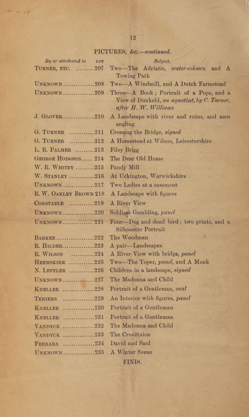 PICTURES, &amp;¢.—continued. By or attributed to LOT Subject. A TURNER: WECS TP) oo. 207 Two—The Adriatic, water-colours, and A | Towing Path ES UNKNOWN 2.08. 00545 208 Two—A Windmill, and A Dutch Farmstead UNKNOWN 0 0...6... 00000: 209 Three—A- Book; Portrait of a Pope, and a View of Dunkeld, an aquatint, by C. Turner, after H. W. Williams db GUOVOR Ged. Toes does 210 <A Landscape with river and ruins, and men angling GE TURNER -22 0.0408 oad Crossing the Bridge, stgned Cr LUEIWOR. < colind. ise. 212 ae Homestead at Wilson, Leicestershire PR EAL SS. sede: 213 Filey Brigg GEORGE HODGSON...... 214 The Dear Old Home Weak: WHITBY 33. .oe5) 215 Pandy Mill DW ORT ANLEY A frac deintion 216 At Uckington, Warwickshire UNKNOWN 3 oo ccc. ccs: 217 Two Ladies at a casement k. W. OAKLEY Brown 218 A Landscape with figures “AGONSPABUM ©. ..0.00555 219 <A River View UNKNOWN ....2-.-.-+--+-220 ' Soldiga’ Gambling, panel MON ENOWN .. sc. seer, 221 Four—Dog and dead bird ; two prints, and a Silhouette Portrait ~ Pee es, ass 222 The Woodman — WILDER. ice sees. 3 223 <A pair—Landscapes POW ISON 2 svieisads 224 <A River View with bridge, panel PIRMPMSRIRK = 2.505. o3. 225 Two—The Toper, panel, and A Monk INS PR EOR occceus esos 226 Children ina landscape, signed UNKNOWN...5..0..9@8.. S 227 ‘The Madonna and Child PANSLLEB Gass veers 228 Portrait of a Gentleman, oval EUIBRS — .-ccecisisccses 229 An Interior with figures, panel PON HOE a 230 Portrait of a Gentleman FON MELE 28s ee te. 231 Portrait of a Gentleman NMMDMCK 2c... seeks 232 The Madonna and Child NANO YOR ogee eeu e, 233 The Crucifixion URN, sous cobs wie 234 David and Saul UNKNOWN isd coset hae 235 A Winter Scene FINIS.