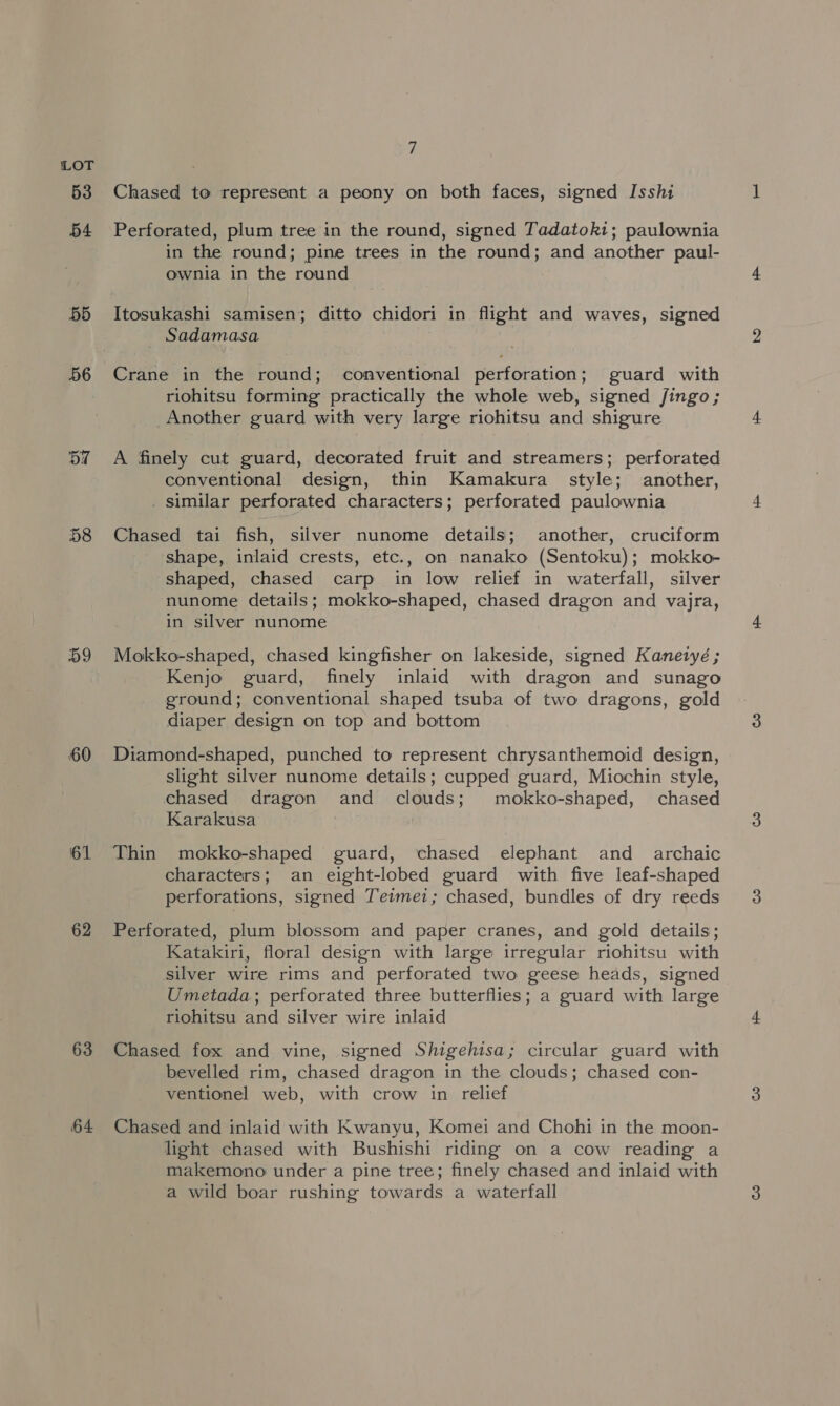 53 54 55 56 DT 58 59 60 61 62 63 i Chased to represent a peony on both faces, signed Isshi Perforated, plum tree in the round, signed Tadatoki; paulownia in the round; pine trees in the round; and another paul- ownia in the round Itosukashi samisen; ditto chidori in flight and waves, signed Sadamasa Crane in the round; conventional perforation; guard with riohitsu forming practically the whole web, signed fingo; Another guard with very large riohitsu and shigure A finely cut guard, decorated fruit and streamers; perforated conventional design, thin Kamakura style; another, _ similar perforated characters; perforated paulownia Chased tai fish, silver nunome details; another, cruciform shape, inlaid crests, etc., on nanako (Sentoku); mokko- shaped, chased carp in low relief in waterfall, silver nunome details; mokko-shaped, chased dragon and vajra, in silver nunome Mokko-shaped, chased kingfisher on lakeside, signed Kanetyé ; Kenjo guard, finely inlaid with dragon and sunago ground; conventional shaped tsuba of two dragons, gold diaper design on top and bottom Diamond-shaped, punched to represent chrysanthemoid design, slight silver nunome details; cupped guard, Miochin style, chased dragon and clouds; mokko-shaped, chased Karakusa | Thin mokko-shaped guard, chased elephant and _ archaic characters; an eight-lobed guard with five leaf-shaped perforations, signed Teme; chased, bundles of dry reeds Perforated, plum blossom and paper cranes, and gold details; Katakiri, floral design with large irregular riohitsu with silver wire rims and perforated two geese heads, signed Umetada; perforated three butterflies; a guard with large riohitsu and silver wire inlaid Chased fox and vine, signed Shigehisa; circular guard with bevelled rim, chased dragon in the clouds; chased con- ventionel web, with crow in relief Chased and inlaid with Kwanyu, Komei and Chohi in the moon- light chased with Bushishi riding on a cow reading a makemono under a pine tree; finely chased and inlaid with a wild boar rushing towards a waterfall