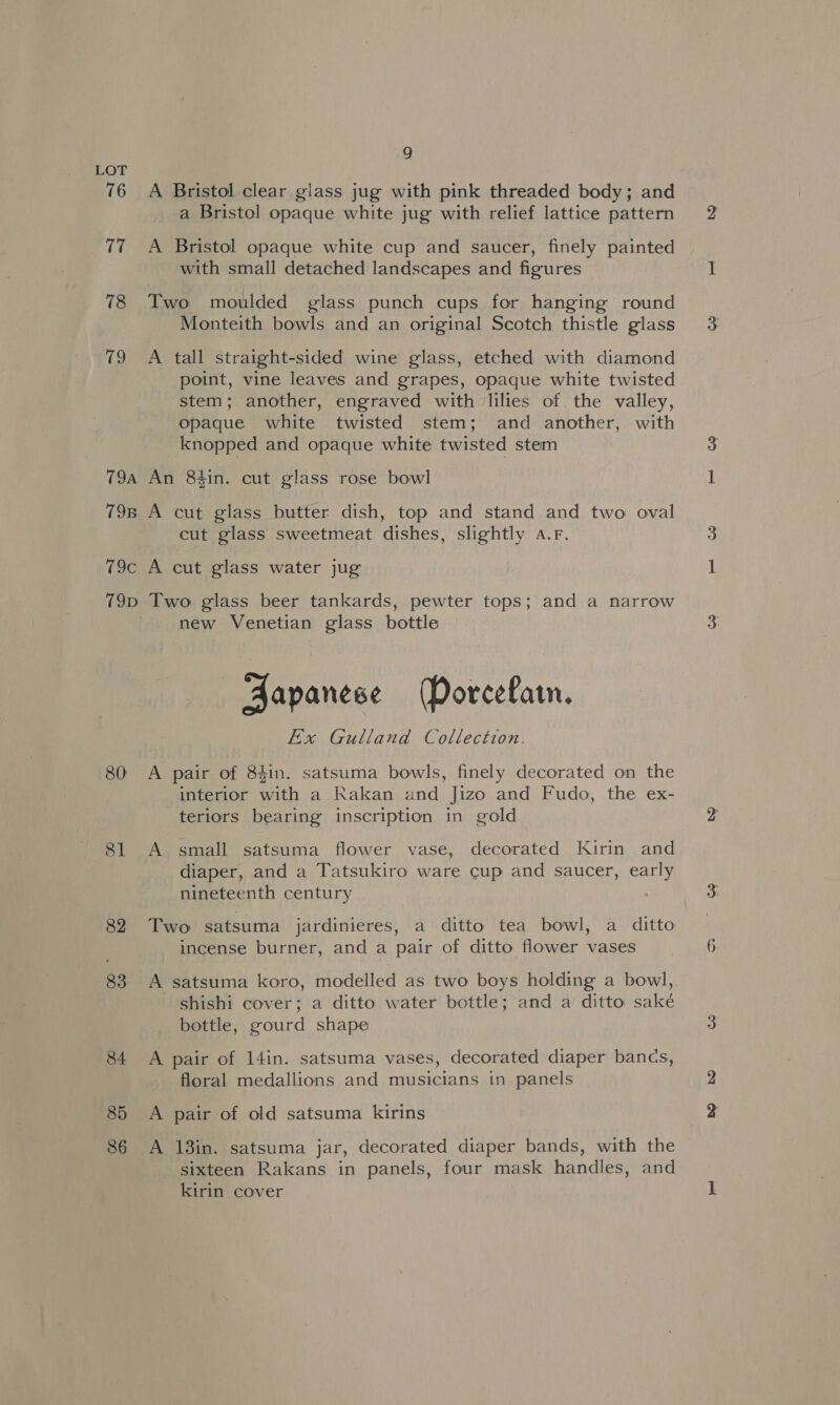 76 1) 78 79 T9A 79B 79c 79D 80 81 82 83 84 85 86 9 A Bristol clear glass jug with pink threaded body; and a Bristol opaque white jug with relief lattice pattern A Bristol opaque white cup and saucer, finely painted with small detached landscapes and figures Two moulded glass punch cups for hanging round Monteith bowls and an original Scotch thistle glass A tall straight-sided wine glass, etched with diamond point, vine leaves and grapes, opaque white twisted stem; another, engraved with lilies of the valley, Opaque white twisted stem; and another, with knopped and opaque white twisted stem An 8tin. cut glass rose bowl A cut glass butter dish, top and stand and two oval cut glass sweetmeat dishes, slightly a.F. A cut glass water jug Two glass beer tankards, pewter tops; and a narrow new Venetian glass bottle Aapanese (Porcefarn. Ex Gulland Collection. A pair of 84in. satsuma bowls, finely decorated on the interior with a RKakan and Jizo and Fudo, the ex- teriors bearing inscription in gold A small satsuma flower vase, decorated Kirin and diaper, and a Tatsukiro ware cup and saucer, early nineteenth century Two satsuma jardinieres, a ditto tea bowl, a ditto incense burner, and a pair of ditto flower vases shishi cover; a ditto water bottle; and a ditto saké bottle, gourd shape A pair of 14in. satsuma vases, decorated diaper bancs, floral medallions and musicians in panels A pair of old satsuma kirins A 18in. satsuma jar, decorated diaper bands, with the sixteen Rakans in panels, four mask handles, and kirin cover
