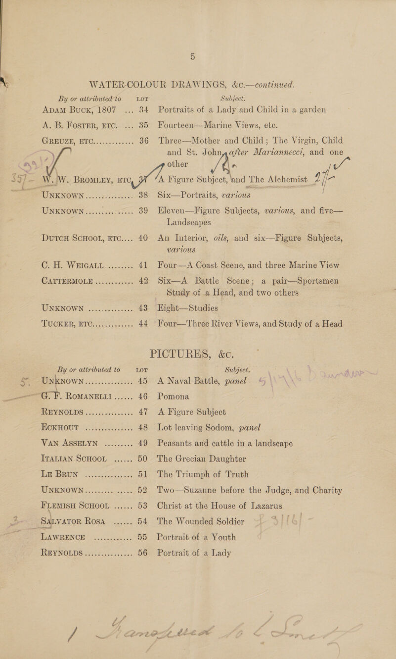 ADAM Buck, 1807 ... 34 A.B, POSPERS HTC. 5....35 GREUZE, BPEL S. sc ecccus: 36  _ W. BROMLEY, ETC 38 WEINENOWN ;..::cge.s0. 09 DUTCH SCHOOL, ETC.... 40 CH WREALL «ced WATTERMOLE &lt;5 caus 42 43 44 By or attributed to LOT Unknown aos 8 oa eee 45 “GOF. RoMANeELLI...... 46 PEPINODDS. 65 aside sos 47 POEHOUT 2054 soc N 48 VAN ASSELYN ......... 49 ITALIAN SCHOOL ...... 50 MO UIN 945 Noceon eaves 51 POPMONOVUN 55.5cacee op ee a, FLEMISH SCHOOL ...... 53 REV NOLDS Of Foiescs ls. Portraits of a Lady and Child in a garden Fourteen—Marine Views, etc. Three—Mother and Child; The Virgin, Child and St. John oe Mariannecci, and one other | ra A Figure Subject, ‘and The Alchemist : Six—Portraits, various Eleven—Figure Subjects, various, and five— Landscapes An Interior, oz/s, and six—Figure Subjects, various Four—A Coast Scene, and three Marine View Six—A Battle Scene ; a pair—Sportsmen Study of a Head, and two others Hight—Studies Four—Three River Views, and Study of a Head — Subject. A Naval Battle, panel Pomona A Figure Subject Lot leaving Sodom, panel Peasants and cattle in a landscape The Grecian Daughter The Triumph of Truth Two—Suzanne before the Judge, and Charity Christ at the House of Lazarus The Wounded Soldier yf f Portrait of a Youth Portrait of a Lady