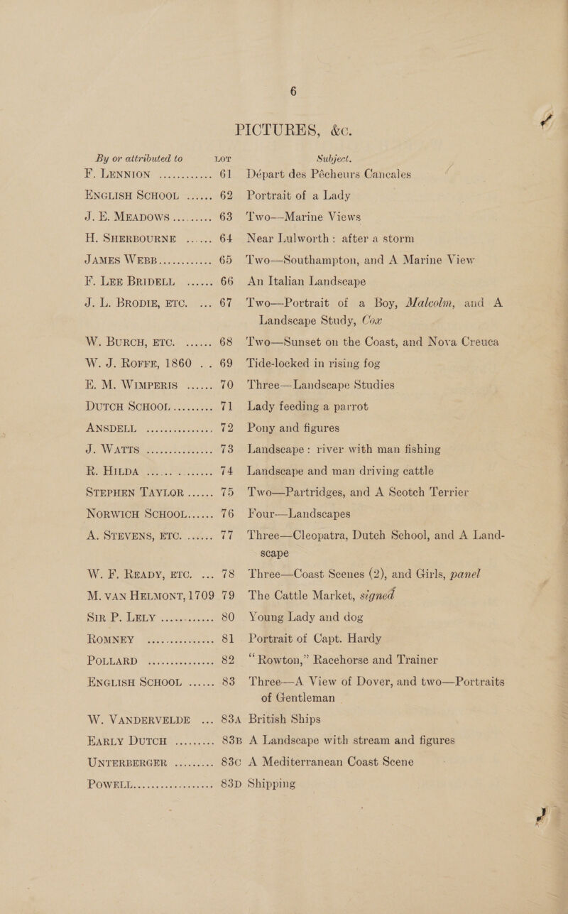 , TUNINOND becca ot ee 6] ENGLISH SCHOOL ...... 62 J. E. MEADOWS......... 63 H. SHERBOURNE ...... 64 JAMES WEBB............ 65 EF. Ee® BRIDREL ci ecesk 66 dela. BRODIB SBTC... 68 Ore DURCH: BTC. ice: 68 W. J. RorFFe, 1860 .. 69 E. M. WIMPERIS ...... 70 DUTCH SCHOOE:&lt;+,..3: 71 PONSDBEL wee ed ane 72 oN AP ear ek Sain, a3 ROPER Ie Sree yo 74 STEPHEN TAYLOR ...... 15 NORWICH SCHOOL...... 76 A. STEVENS, BCC. ...cé.. (a iis M. VAN HELMONT, 1709 79 W. F. REeapy, ETC. SMe che 10 Ep Saar ee 80 ROMNEY: RGU ees 81 POULORD: -tsiscesaesar 82 ENGLISH SCHOOL ...... 83 W. VANDERVELDE 83A EARLY DUTCH ......-%: 83B UNTERBERGER: occas 830 POW EOE Ue). Ae aeatnes 83D Départ des Pécheurs Caneales Portrait of a Lady Two--Marine Views Near Lulworth: after a storm Two—Southampton, and A Marine View An Italian Landscape Two—Portrait of a Boy, Malcolm, and A Landscape Study, Cox 'Two—Sunset on the Coast, and Nova Creuca Tide-locked in rising fog Three— Landscape Studies Lady feeding a parrot Pony and figures Landscape: river with man fishing Landscape and man driving cattle Two—Partridges, and A Scotch Terrier Four-—Landscapes Three—Cleopatra, Dutch School, and A Land- scape Three—Coast Scenes (2), and Girls, panel The Cattle Market, signed Young Lady and dog © Portrait of Capt. Hardy “Rowton,” Racehorse and Trainer Three—A. View of Dover, and two—Portraits of Gentleman — A Landscape with stream and figures A Mediterranean Coast Scene Shipping