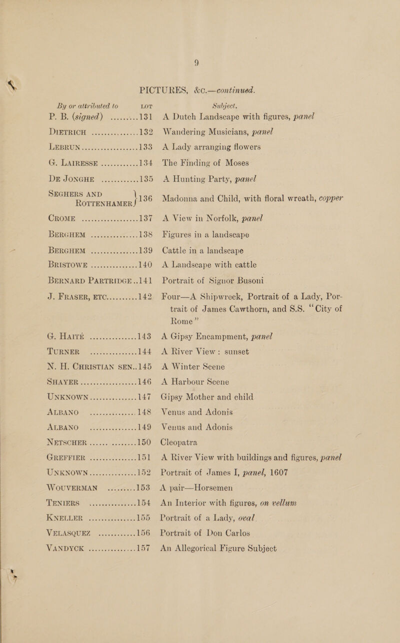 PB. Gigned) ...... vel BETO oe cs eceses 132 TESERUIN othe eZ as cee 133 Ge TEATRESSI 5.8 ies on 134 DE JONGHE —..cccc seuss $35 SEGHERS AND if 36 RoTTENHAMER J Oi OM oc oe: dota those 137 DPRGHEM © Dkcebeort..«: 138 DERGHUM. j.s240 &lt;b. 508.» 139 DRISTOWE 20. o.cincdcugac 140 BERNARD PARTRIDGE..141 des RASH, BTC. c ade 142 (oe rr hr 143 SOUR 71S 5 aa a ea 144 PIER 2. fo. cc ocd oan 146 WINTENOWIN, cece tel anucs: 147 PUBIC 3. HO es coe 148 ENA AMINO! roo 0s ca'saca ss 149 INE SOE Ros uie.ics venede es 150 GRUPEIER (65.40 ves cocks ay NIENIGNOW N 5.0. chea bee 152 WOUVERMAN .....«.... 153 TUNERS! 0. chelate hs 154 TONE DEOR: Gv. ueersies 155 NIP ASOUW EA ea ec, 156 NP ASSIS 16 Sou ees coc: 155 vi A Dutch Landscape with figures, panel Wandering Musicians, panel A Lady arranging flowers The Finding of Moses A Hunting Party, panel Madonna and Child, with floral wreath, copper A View in Norfolk, panel Figures in a landscape Cattle in a landscape A Landscape with cattle Portrait of Signor Busoni Four—A Shipwreck, Portrait of a Lady, Por- trait of James Cawthorn, and S.S. “City of Rome” A Gipsy Encampment, panel A River View : sunset A Winter Scene A Harbour Scene Gipsy Mother and child Venus and Adonis Venus and Adonis Cleopatra A River View with buildings and figures, panel Portrait of James I, panel, 1607 A. pair—Horsemen An Interior with figures, on vellum Portrait of a Lady, oval Portrait of Don Carlos An Allegorical Figure Subject