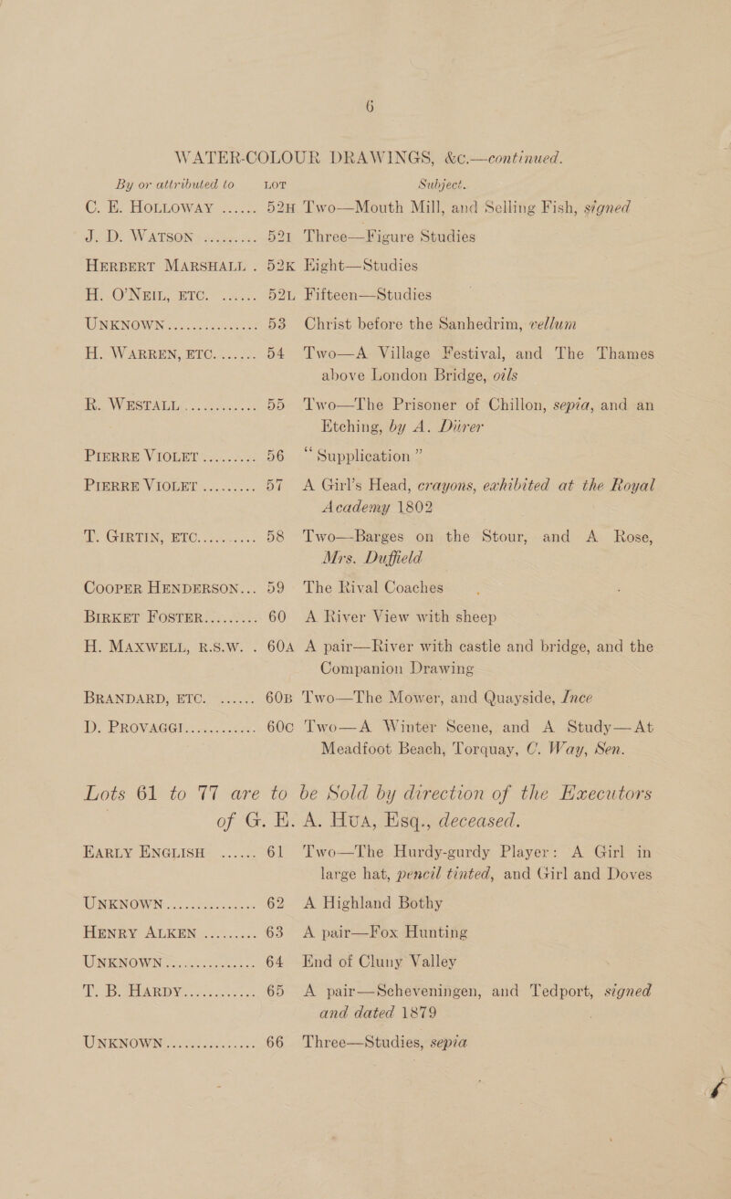 C. ) HOLLOWAY 2.2. fA WATSON s4Gaseds: HERBERT MARSHALL . ae..C) NEI BTC: oes WINK NOWIN ao. oan diite ELS W ARREN, BIC. 2505. ie, VWOHGEMLA. .. etieeke e PTERRE VIOLET =... 2:2: PIERRT VIOLET =... 22.5 T. GIRTIN, ETC. .... See CooPpER HENDERSON.. BIRKET FOSTER ..20:2- H. MAXWELL, R.S.W. . BRANDARD BIC. %...0. D- PROVAGGI &amp;...ex. 52H Two—Mouth Mill, and Selling Fish, s¢gned 521 Three—Figure Studies  52K Eight—Studies 52 Fifteen—Studies 53 Christ before the Sanhedrim, vellum 54 Two—A Village Festival, and The Thames above London Bridge, ozls 55 ‘Two—The Prisoner of Chillon, sepia, and an Etching, by A. Durer 56 “ Supplication ” 57 &lt;A Girl’s Head, crayons, exhibited at the Royal Academy 1802 58 Two—Barges on the Stour, and A _ Rose, Mrs. Duffield 60 &lt;A River View with sheep 604 A pair—River with castle and bridge, and the Companion Drawing 60B T'wo—The Mower, and Quayside, /nce 60c Two—A Winter Scene, and A Study— At Meadfoot Beach, Torquay, C. Way, Sen. HARLY ENGLISH: «2... UNKNOWN ke. TB SHARD. see UINIENONWING hs dees te 61 Two—The Hurdy-gurdy Player: A Girl in large hat, pencil tinted, and Girl and Doves 62 A Highland Bothy 63 A pair—Fox Hunting 64 End of Cluny Valley 65 &lt;A pair—Scheveningen, and Tedport, signed and dated 1879 66 Three—Studies, sepia _—