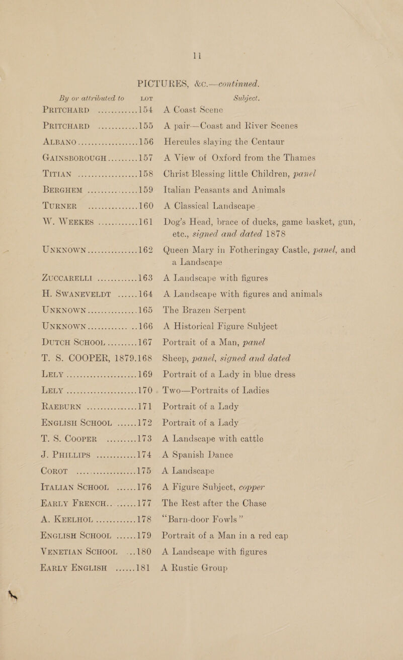 By or attributed to LOT PRIPOMARD ).aclicsdaes on 154 PRIPCHABD?. oc.2205 hu LoD AIG MNO rehearse 156 GAINSBOROUGH......... 157 TRIMS Nie, Oho oases 158 BERGHEM. i2o0iccio 159 AOR INR ee Ot oe 160 We. Wis) 45 o.. Soccc3 161 WINK NOWN 4? (5016s 162 FOC MRM ys 5.5 ot. 163 H. SWANEVELDT ...... 164 WIM OWEN. os. ie ok 165 DIMIGNOWN 3, dbckvends oe 166 DETCH SCHOOE A. ..0 167 T, 8. COOPER, 879.168 lipaa NAS ace ot eee Ei, 169 RING eh at ued cc 170 EUMEBUTON Qe ey csneet on ye: ENGLISH SCHOOL ...... bi? Peo COORER? gets ie J. PHI EIPS! aia 174 CORO? sagiss sce eee 175 ITALIAN SCHOOR, .41)- 176 BARLY FRENCH). os. Le Pe ACTH WETIOL, Boe soe en. 178 ENGLISH SCHOOL ...... begs VENETIAN SCHOOL ...180 EARLY ENGLISH ...... 181 Subject. A Coast Scene A pair-—Coast and River Scenes Hercules slaying the Centaur A View of Oxford from the Thames Christ Blessing little Children, pane/ Italian Peasants and Animals A Classical Landscape Dog’s Head, brace of ducks, game basket, gun, | etc., signed and dated 1878 Queen Mary in Fotheringay Castle, panel, and a Landscape A Landscape with figures A Landscape with figures and animals The Brazen Serpent A Historical Figure Subject Portrait of a Man, panel Sheep, panel, signed and dated Portrait of a Lady in blue dress Two—Portraits of Ladies Portrait of a Lady Portrait of a Lady A Landscape with cattle A Landscape A Figure Subject, copper The Rest after the Chase ‘“Barn-door Fowls ” Portrait of a Man in a red cap A Landscape with figures A Rustic Group