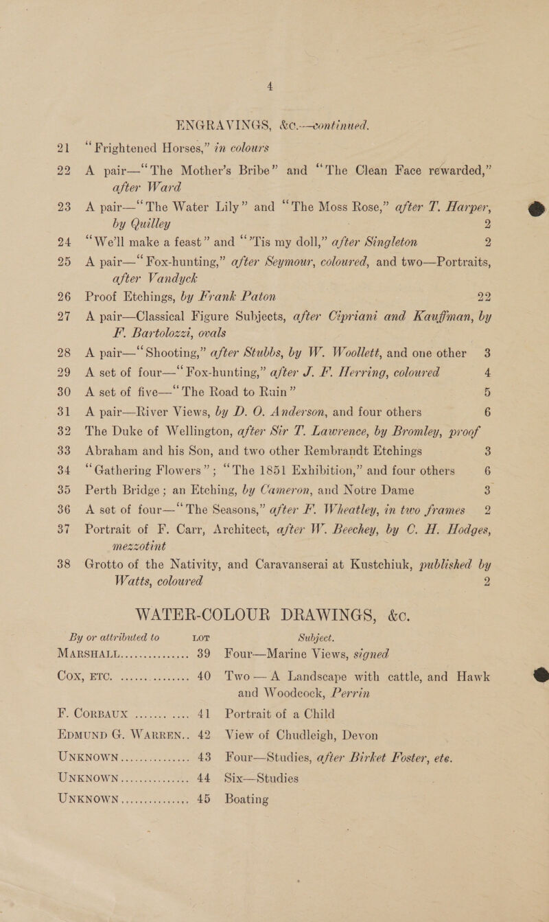 ENGRAVINGS, &amp;¢.-—vontinued. 21 ‘‘Frightened Horses,” 7 colours 22 A pair—‘‘The Mother’s Bribe” and “The Clean Face rewarded,”  ane Ward 23 A pair—‘‘The Water Lily” and “The Moss Rose, ” after T. Harper, by Quilley 2 24 “We'll make a feast” and “’Tis my doll,” fae 2 25 A pair—‘Fox-hunting,” after Seymour, coloured, and two—Portraits, after Vandyck 26 Proof Etchings, by Frank Paton ue 27 <A pair—Classical Figure Subjects, after Cipriani and Kauffman, by F’. Bartolozzi, ovals 28 <A pair—‘‘Shooting,” after Stubbs, by W. Woollett, and one other 3 29 <A set of four—Fox-hunting,” after J. F. Herring, coloured 4 30 A set of five—‘The Road to Ruin” 3 5 31 <A pair—River Views, by D. O. Anderson, and four others 6 32 The Duke of Wellington, after Sir 7. Lawrence, by Bromley, proof 33 Abraham and his Son, and two other Rembrandt Etchings 3 34 “Gathering Flowers”; “The 1851 Exhibition,” and four others 6 35 Perth Bridge; an Etching, by Cameron, and Notre Dame 3 36 <A set of four— The Seasons,” after F. Wheatley, in two frames 2 37 Portrait of F. Carr, Architect, after W. Beechey, by C. H. Hodges, mezzotint 38 Grotto of the Nativity, and Capaareecs at Kustehiuk, published by Watts, coloured 2 WATER-COLOUR DRAWINGS, &amp;c.  By or attributed to LOT Subject. NOARSHALE iss .0css cee 39 Four—Marine Views, scgned COM, WiC sass we 40 Two—A Landscape with cattle, and Hawk and Woodeock, Perrin ¥. CORBAUX Sake 41 Portrait of a Child EDMUND G. WARREN.. 42 View of Chudleigh, Devon ONKNOW NY See: 43 Four—Studies, after Birket Foster, ete. UNKNOWN. coe 44 Six—Studies