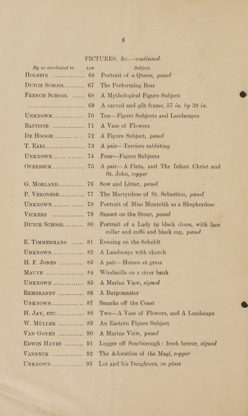 ELOEBEDN, 5 Oeeu eer 66 DUTCH SCHOOL v-.xcac 67 FRENCH SCHOOL ...... 68 Pe eee eee 69 GNKNOWN 20.65. des 70 AP RTS TE, «osc desi sae on tl Du HO0GH..4.....°.. 72 UAW e453 eae ie (ce UNKNOWN 62 Santor 74 OVEREBCK he 7. 2h aa ss 18 G. MORELAND... oo 3 76 P.. VERONESE o.oo a, UNKNOWN ......%. Bes 78 WICKES 2 cosy heey. 5 see ag DuTcH SCHOOL. ........ 80 E. TIMMERMANS ...... 81 UNKNOWN , 0.9. 32.500. 82 ok. JONES iis oi 83 NPAUVE (oo. noeee meee 84 UNENOWN 06005 icc ners 85 REMBRANDT 1.34. ..9503 86 TWNEINOW Nos ccc. 87 PV EC. so csss vices 88 WV. MOTHER Soe nae eee 89 NAN GOVEN iat acc 90 EDWIN HAYES ......... 91 VANDMEK caren eo 92 WD NRNOWN is dssc) cre 93 Portrait of a Queen, panel l The Performing Bear A Mythological Figure Subject A. carved and gilt frame, DT am. by 39 an: Ten—F igure Subjects and Landscapes A Vase of Flowers A Figure Subject, panel A pair—Terriers rabbiting Four—Figure Subjects A pair—A Pieta, and The Infant Christ and St. John, copper 3 Sow and Litter, panel — The Martyrdom of St. Sebastian, panel Portrait of Miss Monteith as a Shepherdess Sunset on the Stour, panel Portrait of a Lady im black dress, with lace collar and cuffs and black cap, panel Evening on the Scheldt A Landscape with church A pair— Horses at grass Windmills on a river bank A Marine View, signed A Burgomaster Smacks off the Coast Two—A Vase of Flowers, and A Landscape An Eastern Figure Subject A Marine View, panel Lugger off Scarborough: fresh breeze, signed The Adoration of the Magi, copper Lot and his Daughters, on glass  