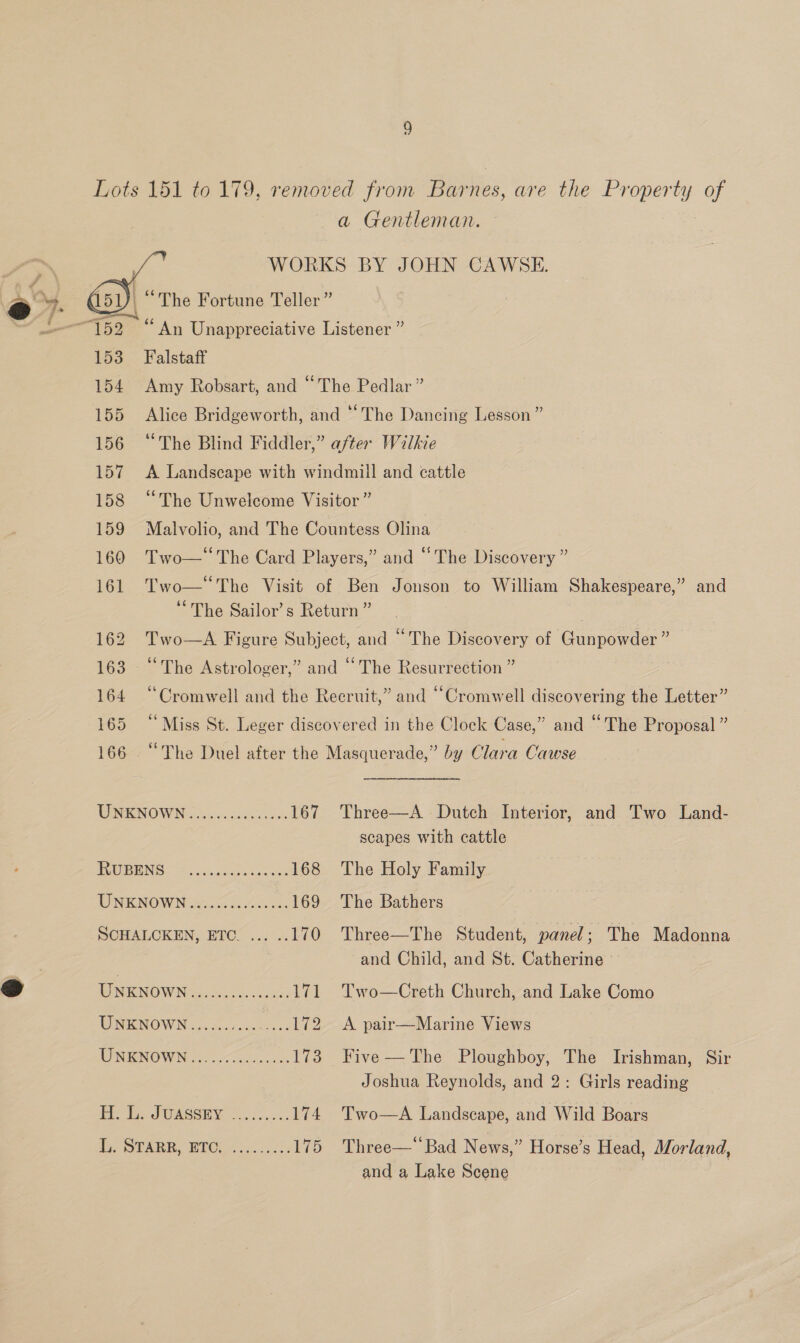   a Gentleman. — Three—A Dutch Interior, and Two Land- scapes with cattle Three—The Student, panel; The Madonna and Child, and St. Catherine © Two—Creth Church, and Lake Como A pair—Marine Views Five — The Ploughboy, The Irishman, Sir Joshua Reynolds, and 2: Girls reading Two—A Landscape, and Wild Boars 152 “An Unappreciative Listener ” 153 Falstaff 154 Amy Robsart, and “The Pedlar” 155 Alice Bridgeworth, and “The Dancing Lesson ” 156 “The Blind Fiddler,” afte Wilkie 157 A Landscape with windmill and cattle 158 “The Unwelcome Visitor ” 159 Malvolio, and The Countess Olina 160 Two—‘The Card Players,” and “The Discovery ” 161 The Sailor’s Return ” 162 163 “The Astrologer,” and “The Resurrection ” 164 165 166 “The Duel after the Masquerade,” by Clara Cawse URNENOWNG So scegeccla 167 PAWEENS 1 cuca stance: 168 The Holy Family TINKNOW Nove ioss He ee 169 The Bathers SOHALCKEN,: BTCC... .. 110 Bue wowhes 2.00 7. 171 UNKNOWN.......... sen WINENOWN (22 ac une, Ceo ie Reel WARSI Ve oon oa: 174 Pye OEARR, HEC 4 co.cc 175 Three— Bad News,” Horse’s Head, Morland, and a Lake Scene