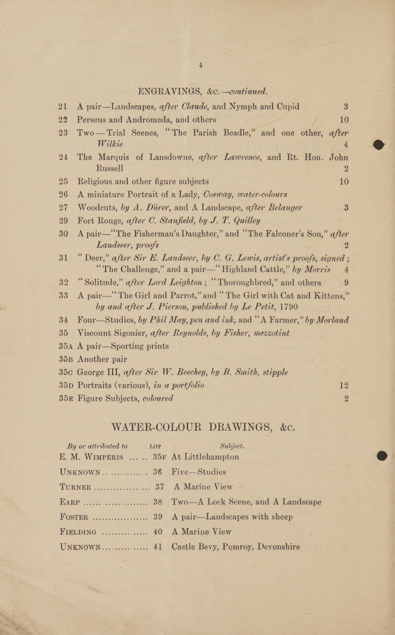 ENGRAVINGS, &amp;c.-—vontinued. 21 &lt;A pair—Landseapes, after Claude, and Nymph and Cupid 3 22 Perseus and Andromeda, and others ; “16 23 Two—Trial Scenes, “The Parish Beadle,” and one other, after Wilkie 4 24 The Marquis of Lansdowne, after Lawrence, and Rt. Hon. John Russell 2 25 Religious and other figure subjects 10 26 &lt;A miniature Portrait of a Lady, Cosway, water-colours 27 Woodcuts, by A. Direr, and A Landscape, after Belanger 3 29 Fort Rouge, after C. Stanfield, by J. T. Quilley 30. A pair—‘‘The Fisherman’s Daughter,” and “The Falconer’s Son,” after Landseer, proofs 2 31 “ Deer,” after Sir H. Landseer, by C. G. Lewis, artist’s proofs, signed ; “The Challenge,” and a pair—‘ Highland Cattle,” by Morris 4 32 “Solitude,” after Lord Leighton ; “ Thoroughbred,” and others 9 33 A pair—‘‘The Girl and Parrot,” and “The Girl with Cat and Kittens,” by and after J. Pierson, published by Le Petit, 1790 34 Four—Studies, by Phil May, pen and ink, and * ‘A Farmer,” by Mor land 35 Viscount Sigonier, after Reynolds, by Fisher, mezzotint 354A A pair—Sporting prints 35B Another pair . 35c George III, after Six W. Beechey, by B. Smith, stipple . 35D Portraits (various), 72 a portfolio ; 12 35E Figure Subjects, coloured 2 WATER-COLOUR DRAWINGS, &amp;c. By or attributed to LOT Subject. E. M. WIMPERIS ... .. 35F At Littlehampton UNKNOWN...) accc. 5. . 36 Five—Studies PURNER WG) &gt;. a sede: 37 A Marine View — HARP ...03: = ene 38 Two-——A Lock Scene, and A Landscape HOSTER eeiccnekon sede 39 &lt;A pair—Landscapes with sheep FIELDING .:....... bene. 40 A Marine View UNKNOWN... cca es 41 Castle Bevy, Pomroy, Devonshire  