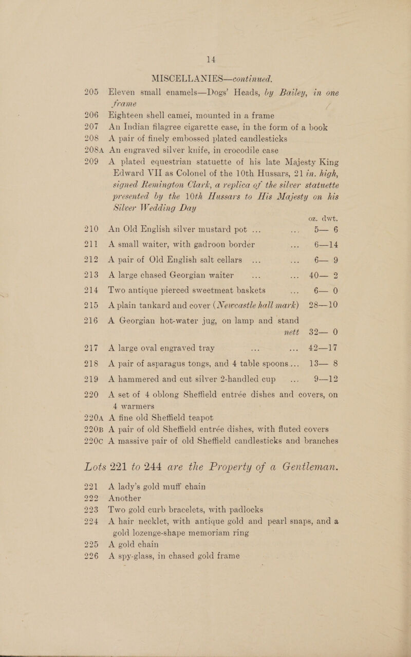 MISCELLA NIES—continued. 205 Eleven small enamels—Dogs’ Heads, by Bailey, in one Srame 206 Eighteen shell camei, mounted in a frame 207 An Indian filagree cigarette case, in the form of a book 208 &lt;A pair of finely embossed plated candlesticks 208A An engraved silver knife, in crocodile case 209 &lt;A plated equestrian statuette of his late Majesty King Edward VII as Colonel of the 10th Hussars, 21 én. high, signed Remington Clark, a replica of the silver statuette — presented by the 10th Hussars to His Majesty on his Silver Wedding Day oz. dwt. 210 An Old English silver mustard pot ... ae D6 211 A small waiter, with gadroon border .. 6—14 212 &lt;A pair of Old English salt cellars ... i eee 213 A large chased Georgian waiter ee . 40— 2 214 Two antique pierced sweetmeat baskets .. 6—0 215 Aplain tankard and cover (Newcastle hall mark) 28—10 216 A Georgian hot-water jug, on lamp and stand nett 32— 0 217 A large oval engraved tray es ee a’ 218 &lt;A pair of asparagus tongs, and 4 table spoons... 13— 8 219 A hammered and cut silver 2-handled cup Sink 92 220 &lt;A set of 4 oblong Sheffield entrée dishes and covers, on 4 warmers | 220A A fine old Sheffield teapot | 220B A pair of old Sheffield entrée dishes, with fluted covers 220c A massive pair of old Sheffield candlesticks and branches Lots 221 to 244 are the Property of a Gentleman. 221 &lt;A lady’s gold muff chain 222 Another 223 Two gold curb bracelets, with padlocks 22 4 &lt;A hair necklet, with antique gold and pearl snaps, and a gold lozenge-shape memoriam ring : 25 &lt;A gold chain 26 &lt;A spy-glass, in chased gold frame 