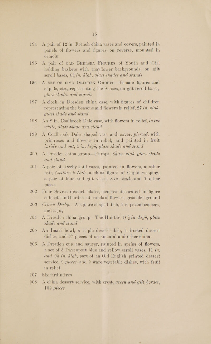 194 195 196 Loy 198 bh © bo 207 208 15 A pair of 12 in. French china vases and covers, painted in panels of flowers and figures on reverse, mounted in ormolu A pair of OLD CHrLsna Figures of Youth and Girl holding baskets with mayflower backgrounds, on gilt scroll bases, 847n. high, glass shades and stands  A SET OF FIVE DRESDEN GRouUPS—Female figures and cupids, etc., representing the Senses, on gilt scroll bases, glass shades and stands A clock, in Dresden china case, with figures of children representing the Seasons and flowers in relief, 27 77. high, glass shade and stand An 8 in. Coalbrook Dale vase, with flowers in relief, 7 the white, glass shade and stand A Coalbrook Dale shaped vase and cover, pierced, with primroses and flowers in relief, and painted in fruit inside and out, 5in. high, glass shade and stand A Dresden china group—Europa, 84 in. high, glass shade and stand A pair of Derby spill vases, painted in flowers, another pair, Coalbrook Dale, a china figure of Cupid weeping, a pair of blue and gilt vases, 8722. high, and 7 other pieces Four Sévres dessert plates, centres decorated in figure subjects and borders of panels of flowers, gros bleu ground Crown Derby. A square-shaped dish, 2 cups and saucers, and a jug A Dresden china group—The Hunter, 104 in. high, glass shade and stand An Imari bowl, a triple dessert dish, 4 frosted dessert dishes, and 37 pieces of ornamental and other china A Dresden cup and saucer, painted in sprigs of flowers, a set of 3 Davenport blue and yellow scroll vases, 11 77. and 94 in. high, part of an Old English printed dessert service, 9 pieces, and 2 ware vegetable dishes, with fruit in relief Six jardinicres A china dessert service, with crest, green and gilt border, 102 preces
