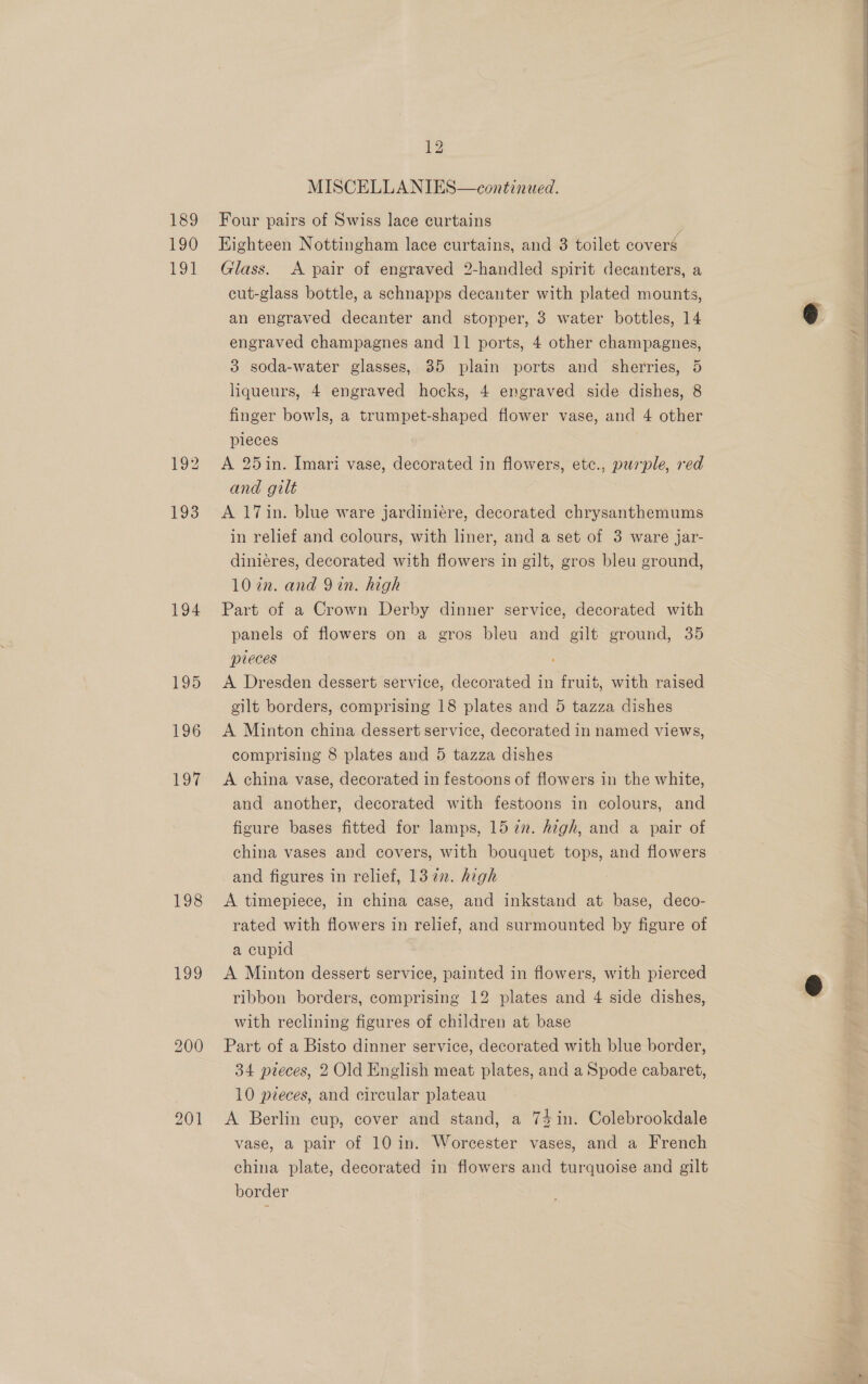 189 190 Toe 194 195 196 197 198 199 200 ] bS MISCELLANIES—continuaed. Four pairs of Swiss lace curtains Eighteen Nottingham lace curtains, and 3 toilet cover Glass. &lt;A pair of engraved 2-handled spirit decanters, a cut-glass bottle, a schnapps decanter with plated mounts, an engraved decanter and stopper, 3 water bottles, 14 3 soda-water glasses, 35 plain ports and sherries, 5 liqueurs, 4 engraved hocks, 4 engraved side dishes, 8 pieces A 25in. Imari vase, decorated in flowers, etc., purple, red and gilt A 17in. blue ware jardiniere, decorated chrysanthemums in relief and colours, with liner, and a set of 3 ware jar- dinieres, decorated with flowers in gilt, gros bleu ground, 10 in. and Yin. high | Part of a Crown Derby dinner service, decorated with panels of flowers on a gros bleu and gilt ground, 35 pieces A Dresden dessert service, decorated in fruit, with raised gilt borders, comprising 18 plates and 5 tazza dishes A Minton china dessert service, decorated in named views, comprising 8 plates and 5 tazza dishes A china vase, decorated in festoons of flowers in the white, and another, decorated with festoons in colours, and figure bases fitted for lamps, 157272. high, and a pair of china vases and covers, with bouquet tops, and flowers and figures in relief, 1372. high | A timepiece, in china case, and inkstand at base, deco- rated with flowers in relief, and surmounted by figure of a cupid A Minton dessert service, painted in flowers, with pierced ribbon borders, comprising 12 plates and 4 side dishes, with reclining figures of children at base Part of a Bisto dinner service, decorated with blue border, 34 pieces, 2 Old English meat plates, and a Spode cabaret, 10 pieces, and circular plateau A Berlin cup, cover and stand, a 74 in. Colebrookdale vase, a pair of 10 in. Worcester vases, and a French china plate, decorated in flowers and turquoise and gilt border 