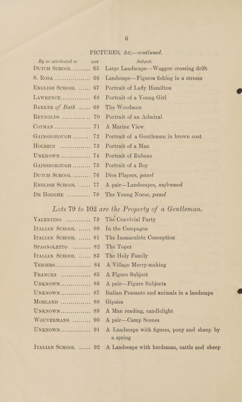 By or attributed to LOT DUTCH: SCHOOL .h.xeh: 65 S: ROSA... ameonenen 66 ENGLISH SCHOOL ...... 67 LAWRENOE Ak 6 eaters: 68 BARKER of Bath ...... 69 REYNOLDS csccc cc es) COTMAN dsc issnraa tats lal GAINSBOROUGH ......... ie FIQOBRIN: vccosccaussesas io AI NENOVIN ubeccageccuan 74 GAINSBOROUGH ......... 15 DUTCH SCHOOL wha. 76 ENGLISH SCHOOL ...... vit 1% HOGG. os dos S.vnwns 78 Subject. Large Landscape—-Waggon crossing drift Landscape—Figures fishing in a stream Portrait of Lady Hamilton Portrait of a Young Girl The Woodman | Portrait of an Admiral A Marine View Portrait of a Gentleman in brown coat Portrait of a Man a? Portrait of Rubens Portrait of a Boy Dice Players, panel A pair—Landscapes, unframed The Young Nurse, panel WV AMENTING | caskiiic te 79 ITALIAN SCHOOL....... 81 SPAGNOBRPFO .....5.:8 82 MNP cee ol toe 84 FRANCKS AINBNGWN ek KD 86 UNENOWN: oN 87 NORTAND: 60.00 Boece ss 88 RINENGWN xc cc lwscanans 89 The Convivial Party In the Campagna The Immaculate Conception The 'Toper The Holy Family A Village Merry-making A Figure Subject A pair—Figure Subjects Italian Peasants and animals in a landscape Gipsies A Man reading, candlelight A pair—-Camp Scenes A Landseape with figures, pony and sheep by a spring fine gk A Landscape with herdsman, cattle and sheep  