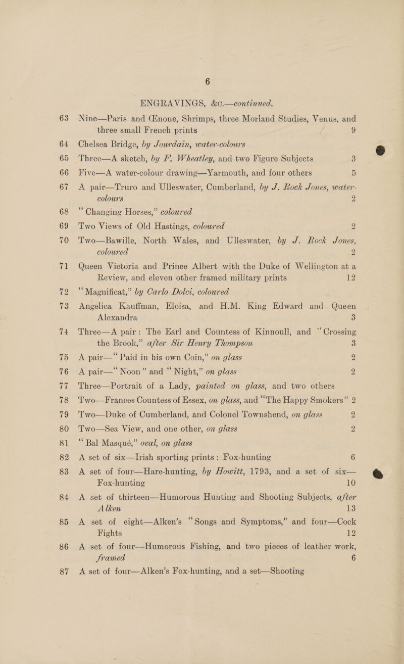 82 ENGRAVINGS, &amp;c.—continued. Nine—Paris and Ginone, Shrimps, three Morland Studies, Venus, and three small French prints — / 9 Chelsea Bridge, by Jourdain, water-colours ~ Five—A water-colour drawing—Yarmouth, and four others 5 A pair—Truro and Ulleswater, Cumberland, by J. Rock Jones, water- Changing Horses,” coloured Two Views of Old Hastings, coloured 2 Two—Bawille, North Wales, and Ulleswater, by J. Rock Jones, coloured 2 Queen Victoria and Prince Albert with the Duke of Wellington at a Review, and eleven other framed military prints 12 “Magnificat,” by Carlo Dolci, coloured Angelica Kauffman, Eloisa, and H.M. King Edward and Queen Alexandra 3 Three—A pair: The Earl and Countess of Kinnoull, and “ Crossing the Brook,” after Sir Henry Thompson 3 A pair—“ Paid in his own Coin,” on glass 2 A pair—‘ Noon” and “ Night,” on glass | 2 Three—Portrait of a Lady, painted on glass, and two others Two—Frances Countess of Essex, on glass, and ‘The Happy Smokers” 2 Two—-Duke of Cumberland, and Colonel Townshend, on glass 2 Two—Sea View, and one other, on glass 2 ‘Bal Masqué,” oval, on glass A set of six—lIrish sporting prints: Fox-hunting 6 A set of four—Hare-hunting, by Howvztt, 1793, and a set of six— Fox-hunting 10 A set of thirteen—Humorous Hunting and Shooting Subjects, after Alken ss) A set of eight—Alken’s “Songs and Symptoms,” and four—Cock Fights 12 A set of four—Humorous Fishing, and two pieces of leather work, Jramed 6 A set of four—Alken’s Fox-hunting, and a set—Shooting