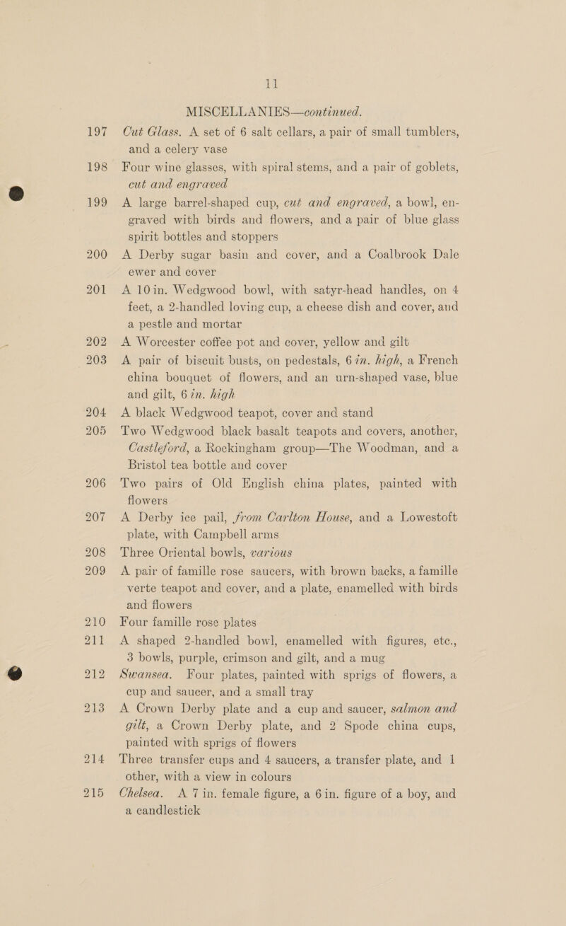TOF 198 11 MISCELLANIES—continued. Cut Glass. A set of 6 salt cellars, a pair of small tumblers, and a celery vase Four wine glasses, with spiral stems, and a pair of goblets, cut and engraved A large barrel-shaped cup, cué and engraved, a bowl, en- graved with birds and flowers, and a pair of blue glass spirit bottles and stoppers A Derby sugar basin and cover, and a Coalbrook Dale ewer and cover A 10in. Wedgwood bowl, with satyr-head handles, on 4 feet, a 2-handled loving cup, a cheese dish and cover, and a pestle and mortar A Worcester coffee pot and cover, yellow and gilt A pair of biscuit busts, on pedestals, 672. high, a French china bouquet of flowers, and an urn-shaped vase, blue and gilt, 67n. high A black Wedgwood teapot, cover and stand Two Wedgwood black basalt teapots and covers, another, Castleford, a Rockingham group—The Woodman, and a Bristol tea bottle and cover Two pairs of Old English china plates, painted with flowers A Derby ice pail, from Carlton House, and a Lowestoft plate, with Campbell arms Three Oriental bowls, various A pair of famille rose saucers, with brown backs, a famille verte teapot and cover, and a plate, enamelled with birds and flowers Four famille rose plates A shaped 2-handled bowl, enamelled with figures, etc., 3 bowls, purple, crimson and gilt, and a mug Swansea. Four plates, painted with sprigs of flowers, a cup and saucer, and a small tray A Crown Derby plate and a cup and saucer, salmon and gilt, a Crown Derby plate, and 2 Spode china cups, painted with sprigs of flowers Three transfer cups and 4 saucers, a transfer plate, and 1 other, with a view in colours Chelsea. A 7 in. female figure, a 6in. figure of a boy, and a candlestick