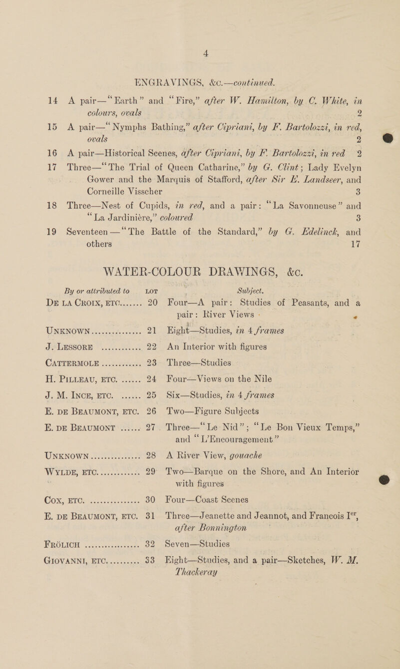 ENGRAVINGS, &amp;c. —continued. 14 A pair— “Marth” and... Fire” Boe W. Hamilton, iy C. White, in colours, ovals 9 15-28 pair— ‘Nymphs Bathing,” after Cipre lant, by &amp;. Bartolozai, in red, ovals 9 16 A pair—Historical Scenes, after Cipriani, by I. Bartolozzi, in red 9 17 Three—‘‘The Trial of Queen Catharine,” by G. Clint; Lady Evelyn Gower and the Marquis of Stafford, after Sir 7’. Landseer, and Corneille Visscher 3 18 Three—Nest of Cupids, 7x red, and a pair: “La Savonneuse” and “La Jardiniére,” coloured 3 19 Seventeen—“The Battle of the Standard,” by G. KHdelinck, and others 17 WATER-COLOUR DRAWINGS, &amp;c. By or attributed to LOT Subject. ! Dr LA CRODG, ETOc. 3 JG Hourak pair: Studies of Peasants, and a pair: River Views - is TONIGNOWN danced ceuns 21 Eight—Studies, in 4 frames J*LESSORB .......28005 22 An Interior with figures CATTERMOLE ....5.c8ces 23 Three—Studies — Hy PILLEAU, ETCs..«-: 24 Four-—Views on the Nile J: M. INCE, BIC. «...25. 25 Six—Studies, en 4 frames E. DE BEAUMONT, ETC. 26 Two—Figure Subjects E. DE BEAUMONT ...... 97 . Three— Le: Nid”; “Le Bon Vieux Temps,” and “ L’Encouragement ” UNKNOWN: fotos cece 28 &lt;A River View, gouache WY VEDE, RO! tc scen Seok 29° Two—Barque on the Shore, and An Interior with figures after Bonnington ROLICH: tet shsadasaes 32 Seven—Studies | GIOVANNI, ETC.......... 33 Eight—Studies, and a pair—Sketches, W. J. Thackeray