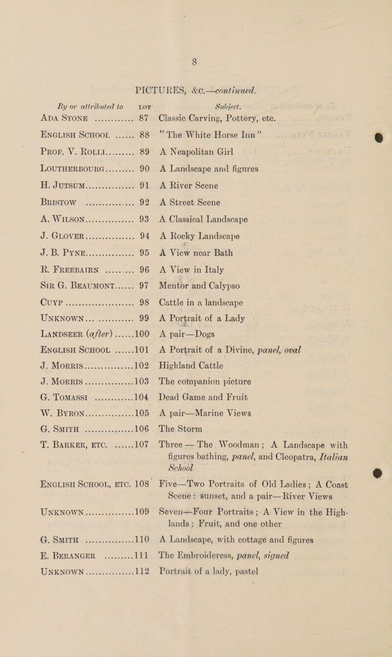 PICTURES, .&amp;¢.—continued. By or attributed to = Lor : Subject. seitictaet ADA STONE Gate 87. Classic ‘Carving; Pottery,. ete... .... ENGLISH SCHOOL ...... 88 “The White Horse Inn”... Pror. V. Rouit..........89° A Neapolitan Girl LOUTHERBOURG......... 90. A Landscape and figures Ef) JUGSUM. .. 200... ... 91 <A River Scene BRISTOW ‘ecaguts<taings 92 A Street Scene Ace WILSON os cds eien tees 93° A Classical Landscape J. GLOVER soatnates tes 94 <A Rocky Landscape J.B, PVNE aa dace: cee 95 A es near Bath R. FREEBAIRN ..... cee DO. a View in Italy Sir G. BEAUMONT... gv fiidie and Calypso CONS anus es. cu eres 98 Cattle in a landscape TINKNOWN 6.6. 0senon anor 99 <A Portrait of a Lady - LANDSEER (after) ...... 100 A ae aoe | ENGLISH SCHOOL ...... 101 A Portrait of a Divine, panel, oval J, MORRIS Coo. cscs 102 Highland Cattle J. MORRIS 2000. Snes 103 The companion picture G. TOMASSI 225 j02 0.0050 104 Dead Game and Fruit Wo BY RON. 36 sc ase os ...105 A pair—Marine Views G. SMITH ......... eee 106 The Storm | T. BARKER, ETC, 42.23 107 Three — The. ion lman ; A Landscape with | figures bathing, panel, and Cleopatra, Italian School 3 ENGLISH SCHOOL, ETC. 108. Five—Two Portraits of Old Ladies; A Coast i ake Pee aE Scene: sunset, and a: pair— River Views UINKNOWAN. ic.) soc. s: 109 Seven—-Four Portraits ;-A View in the High- lands ; Fruit, and one other Ge SSBEPTE ocean, Leta ares 110 A Landscape, with cottage and figures i, BORANGER ccccuss 111 The Embroideress, panel, signed UNENOWN 3.0500 112 Portrait of a lady, pastel