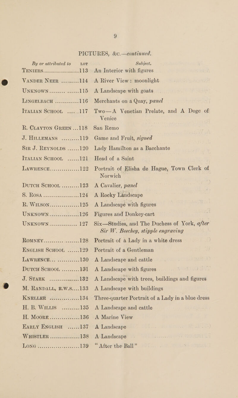 PONMERS.. .oidsoden ee 113 VANDER NBER i o).1.3 114 GNENOWIN csic2. oodrors 115 TANGER BACH 30005505 ccc. 116 PFALIAN SCBOOL. ..22., Big; R. CLAYTON GREEN ...118 de ILLEMANS 2 b.sacacs. 119 Sir J. REYNOLDS ...... 120 ITALIAN SCHOOL ...... 121 LARWRENCE......0064..004 122 Durcn SCHOOL .......<. 123 PEC OSA: 5s ses aden Seinen: 124 ReWILSON is... nde: 125 UNENOWN.. hind. 126 MEUNRENOWIN coc ss chances 127 PROMIAVIEY oo o.eccs sve Lose awe 128 ENGLISH SCHOOL ...... 129 BAWREROR: 2c A: 130 DutTcH SCHOOL ......... 131 Po OPSOR «oy oxovnrameatte 132 M. RANDALL, R.W.S....133 | Gn a; Sa ee ge 134 BB WAS. nb ew 135 Td. MOORE. 52.0... SAS, 136 EARLY ENGLISH ...... 137 WHISTDER 0.022. 02202.04 138 AOI Wes Oh ons cea enacien 139 An Interior with figures A River View: moonlight A Landscape with goats Merchants on a Quay, panel Two—A Venetian Prelate, and A Doge. of Venice San Remo Game and Fruit, signed Lady Hamilton as a Bacchante Head of a Saint Portrait of Elisha de Hague, Town Clerk of Norwich | A Cavalier, panel A Rocky Landscape A Landscape with figures Figures and Donkey- cart Six—Studies, and The Duchess of York, after | Sir W. Beechey, stipple engraving : Portrait of a Lady in a white dress Portrait of a Gentleman A Landscape and cattle A Landscape with figures A Landscape with trees, buildings and figures A Landscape with buildings Three-quarter Portrait of a Lady in a blue dress A Landscape and cattle A Marine View A Landscape A Landscape * After the Ball”