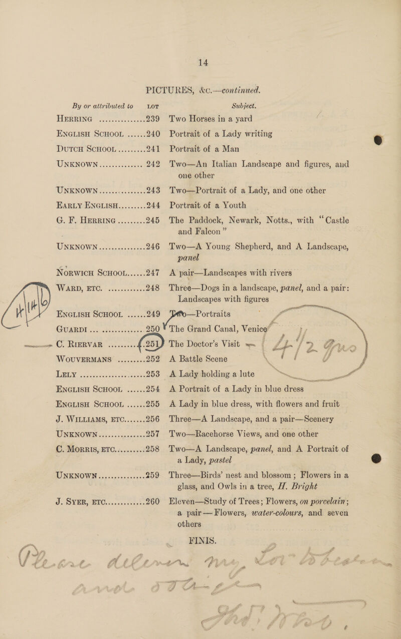 $ TIGR RUNG serene one 239 Two Horses in a yard DUTCH SCHOOL 5.55.504 241 Portrait of a Man UNENOWN cc cecectaw 242 Two—An Italian Landscape and figures, aud one other EARLY ENGLISH......... 244 Portrait of a Youth G.. F.. HERRING .....00.; 245 The Paddock, Newark, Notts., with “Castle and Falcon ” TNENOWN joc kas gevstsates 246 Two—A Young Shepherd, and A Landscape, panel Norwicn ScHoot...... 247 A pair—Landscapes with rivers” WARD, BIC. 04. <c00000. 248 'Three—Dogs in a landscape, panel, and a pair: ENGLISH SCHOOL ...... 249 —Portraits pe in CURE ken dbiesitinaer 250 * The Grand Canal, Venice” : (S.. ARERR ABE 545 oniscacc 2513 The Doctor’s Visit ~~ jy 2 W OUVERMANS* 0.20.4: 252 A Battle Scene OS Bs De oS atetauaetatiactians 253 <A Lady holding a lute ie each cas ENGLISH SCHOOL ...... 254 <A Portrait of a Lady in blue dress Ce ENGLISH SCHOOL ...... 255 A Lady in blue dress, with flowers and fruit J. WILLIAMS, ETC....... 256 Three—A Landscape, and a pair—Scenery TNE NOW oii 60 5 ceeeinoen 257 Two—Racehorse Views, and one other C. MoRRIS, ETC.......... 258 Two—A Landscape, panel, and A Portrait of a Lady, pastel TI NENOWM 5) cicpsencedere 259 Three—Birds’ nest and blossom; Flowers in a glass, and Owls in a tree, H. Bright O: BVOR BC iissass ceases 260 Eleven—Study of Trees; Flowers, on porcelain ; 14 FINIS.