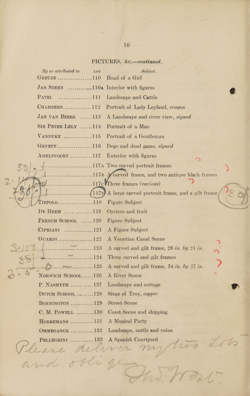 PICTURES, &amp;c.—continued.  By or attributed to LOT : Subject. CR BOZD nie ee nor ae 110 Head of a Girl~ VAN ISTREN. oc: ese ...110A Interior with figures € PAM yee ee 111 Landseape and Cattle | CHAMPERS «0.55. sic. am. 112 Portrait of Lady Leyland, crayon JAN VAN BEERS ....... 113 A Landscape and river view, signed Str PETER LELY ...... 114 Portrait of a Man V ANDY RG ocak Sess 115 Portrait of a Gentleman CHEW POPP aus, Scag eaee tery 116 Dogs and dead game, signed AMBUSV OORT ...06.6c60055 117 Exterior with figures = g % z 4 Oe Pee nee ee 1174 Two carved portrait frames — 5 | : Lf A eee pele mea Sen tities 1178 Afcarved frame, and two antique black frames Z 3 ~ 1 Beh. lc ett ON gs 117c¥Three frames oe a a Vf: a | COP rE Mee eras” 4 117p) A large carved portrait frame, and a gilt frame / de ah i x FAAS ROT ON. she co tte oes 118 Figure Subject EY) DBOHIGBN |. ccs 119 Oysters and fruit FRENCH SCHOOL ...... 120 Figure Subject CUPRUANE | ccs. ceeeneteac 121 &lt;A Figure Subject — GUARDT +. crud ead 122 A Venetian Canal Scene % ‘ a Li b. t Ben wk,, Sakae cutee Se 123 A carved and gilt frame, 26 iv. by 21 in. ny a S| * Peer Nee 124 Three carved and gilt frames | &gt; BE Sy San EE A earved and gilt frame, 34 in. by 27 in. &gt; Pe) V&amp; “Norwice SCHOOL...... 126 A River Scene ~ IPSN AST Songun: 127 Landscape and cottage : DutTcH SCHOOL ......... 128 Siege of Troy, copper BONNINGTON ....0......0% 129 Street Scene Ci POWSLL ” occcc.e 130 Coast Scene and shipping HORREMANS ..........-. 131 A Musical Party OMMEGANCK ............ 132 Landseape, cattle and ruins a _ PELLEGRINI ..........-. 133 A Spanish Courtyard © of Nm ST poo -