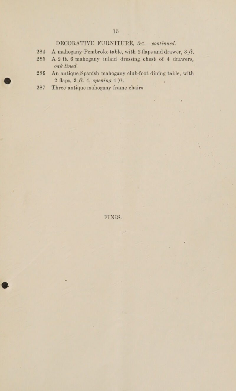 DECORATIVE FURNITURE, &amp;c.—continued. 284 A mahogany Pembroke table, with 2 flaps and drawer, 3 ft. 285 &lt;A 2 ft. 6 mahogany inlaid dressing chest of 4 drawers, oak lined ; | 286 An antique Spanish mahogany club-foot dining table, with 2 flaps, 3 /t. 4, opening 4 Yt °° 287 Three antique mahogany frame chairs FINIS.