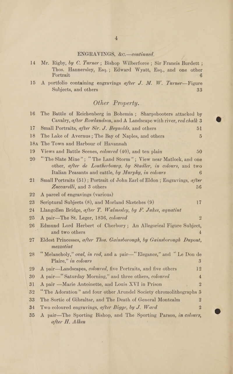 14 15 18A 4 ENGRAVINGS, &amp;¢.—continued. Mr. Rigby, by C. Turner ; Bishop Wilberforce ; Sir Francis Burdett : Thos. Hannersley, Esq.; Edward Wyatt, Esq., and one other Portrait 6 A portfolio containing engravings after J..M. W. Turner—Figure Subjects, and others 33 Other Property. The Battle of Reichenberg in Bohemia ; Sharpshooters attacked by Cavalry, after Rowlandson, and A Landscape with river, red chalk 3 Small Portraits, after Sir. J. Reynolds, and others 51 The Lake of Avernus ; The Bay of Naples, and others 5 The Town and Harbour of Havannah Views and Battle Scenes, coloured (40), and ten plain 50 “The Slate Mine”; “The Land Storm”; View near Matlock, and one other, after de Loutherbourg, by Stadler, in colours, and two Italian Peasants and cattle, by Murphy, in colours 6 Small Portraits (51); Portrait. of John Earl of Eldon ; Engravings, a/ter Zuccarelli, and 3 others 56 A parcel of engravings (various) Scriptural Subjects (8), and Morland Sketches (9) i Llangollen Bridge, after T. Walmesley, by F. Jukes, aquatint | A pair—The St. Leger, 1836, coloured 2 and two others 4 Eldest Princesses, after Thos. Gainsborough, by Gainsborough Dupont, mezzotint ¢ ° ° C6 6 ‘Melancholy,” oval, in red, and a pair— Elegance,” and ‘’ Le Don de Plaire,” 22 colours 3 A pair—Landscapes, coloured, five Portraits, and five others re A pair— Saturday Morning,” and three others, coloured 4 A pair —Marie Antoinette, and Louis XVI in Prison 2 “The Adoration” and four other Arundel Society chromolithographs 5 The Sortie of Gibraltar, and The Death of General Montcalm 2 Two coloured engravings, after Bigge, by J. Ward 2 A pair—The Sporting Bishop, and The Sporting Parson, zn colours, after H. Alken