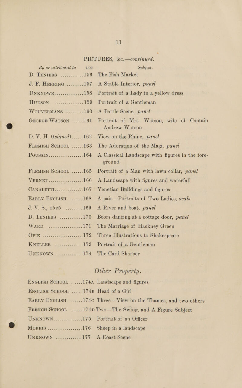 D. TENIERS eeereereee ren eee eeeree ee ey Hupson eee eeor ees eeoeas WOUVERMANS GEORGE WATSON eoevree D. V. H. ((stgned) FLEMISH SCHOOL eoevees eeeeoe POUSSIN eevee er ees eee recone e2eoeee eee see ee eo rear ereeeoe eoceoeree' ee eet eooe J-V.5., 1626 D. TENIERS NMA re shes aot see eee ese er eeece ooo eee eee eee ese ENGLISH SCHOOL . ENGLISH SCHOOL eoeees EARLY ENGLISH eeeree FRENCH SCHOOL see ree UNKNOWN sere weer eeeeeeee Morris eee eee eee eee eee ees UNKNOWN cee eee eee eee es ai The Fish Market A Stable Interior, panel | Portrait of a Lady in a yellow dress Portrait of a Gentleman A Battle Scene, panel Portrait of Mrs. Watson, wife of Captain Andrew Watson View on the Rhine, panel The Adoration of the Magi, panel A Classical Landscape with figures in the fore- ground Portrait of a Man with lawn collar, panel A Landscape with figures and waterfall Venetian Buildings and figures A pair—Portraits of Two Ladies, ovals A River and boat, panel Boors dancing at a cottage door, panel The Marriage of Hackney Green Three Illustrations to Shakespeare Portrait of. a Gentleman The Card Sharper Other Property. 175 176 a Portrait of an Officer Sheep in a landscape A Coast Scene