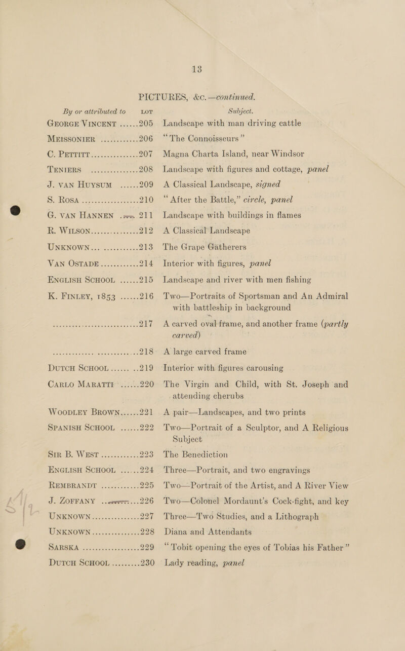 LOT 205 206 207 208 209 210 212 213 214 215 Subject. Landscape with man driving cattle “The Connoisseurs ” Magna Charta Island, near Windsor Landscape with figures and cottage, panel A Classical Landscape, szgned “ After the Battle,” epee, panel Pace with buildings in flames A Classical Landscape — The Grape Gatherers Landscape and river with men fishing  Two—Portraits of Sportsman and An Admiral with battleship in background A carved oval frame, and another frame (partly carved) : A large carved frame The Virgin and Child, with St. Joseph and -attending cherubs A pair—Landscapes, and two prints Two—Portrait of a Sculptor, and A Religious Subject The Benediction Three—Portrait, and two engravings Two—Portrait of the Artist, and A River View Two—Colonel Mordaunt’s Cock-fight, and key Three—Two Studies, and a Lithograph Diana and Attendants “Tobit opening the eyes of Tobias his Father ” Lady reading, panel