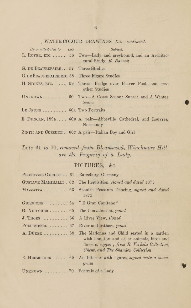 i. ROVER, BIC 56 G. DE BEAUREPAIRE... 57 G. DE BEAUREPAIRE, ETC. 58 Bi. STOKES, UC. 35.6: 59 UNENOWN 2 aiken. 60 IGF a BONE... oo coe as ZINITI AND CUZZUITI .. Two—Lady and greyhound, and an Aargaanate tural Study, A. Barrett / Three Studies Three Figure Studies Three—Bridge over Beaver Pool, and two other Studies Two—A Coast Scene: Sunset, and A Winter Scene and Louvres, Normandy PROFESSOR GURLITT... 61 GUSTAVE MAMINALLI . 62 WUNZAT PA A. ok eee se 63 GIORGIONE ee 64 G. NBETSCHER.:.2...c00.; 65 de POR ton! csi ou tes 66 PORLEMBERG. 56.2505: 67 De) ORT ee heii ace 68 Ei; dIREMSKERK 9.45%. 69 Ratzeburg, Germany The Inquisition, signed and dated 1873 Spanish Peasants Dancing, signed and dated 1873 “Tl Gran Capitano ” The Convalescent, panel A River View, segned River and bathers, panel The Madonna and Child seated in a garden with lion, fox and other animals, birds and flowers, copper ; from B. Verhelst Collection, Ghent, and The Shandon Collection An Interior with figures, signed with a mono- gram 