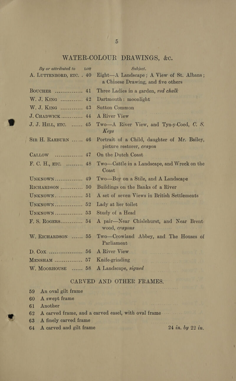 o) A. LUTTENBORD, ETC. - 40 Wee WONG cn. cee eee 42, ‘We idl. Kanteen reese 43 J; CHADWICK ANG. tes 44 Oeil. Pea tla’ TC 45 Sir H. RAEBURN ...... 46 CALLOWs 20 aeeee 47 Bi Gy Ser ae a 48 UNENO WEEE Ao 49 RICHARDSON ..........-- 50 TUONEKNOWME Ai .cesereeee: 51 TOMMOIW Bi cic eee descst es 52 MIN GOWNS). fc. seers 53 FOSS ROGERS ts3. 4.0... 54 W. RICHARDSON ...... 55 D; CoXeenc: nee es. 56 MENSHAMAs. . fou 1. oot 57 W. MooRHOUSE ....... 58 Eight—A Landscape; A View of St. Albans; a Chinese Drawing, and five others Dartmouth: moonlight Sutton Common A River View Two—A River View, and Tyn-y-Coed, @. 8S. Keys Portrait of a Child, daughter of Mr. Bailey, picture restorer, crayon On the Dutch Coast Two—Cattle in a Landscape, and Wreck on the Coast Two—Boy on a Stile, and A Landscape Buildings on the Banks of a River A set of seven Views in British Settlements Lady at her toilet Study of a Head A pair—Near Chislehurst, and Near Brent- wood, crayons Two-——Crowland Abbey,. and. The Houses of Parliament A River View Knife-grinding A Landscape, signed 59 An oval gilt frame 60 <A swept frame 61 Another 63 A finely carved frame 24 an. by 22 tn.